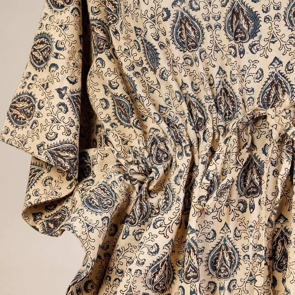 CHUTNEY CRAFT STUDIO Beige - Block Print Cotton Kalamkari Kaftan with Tie-Up Waist (Short) - view 2