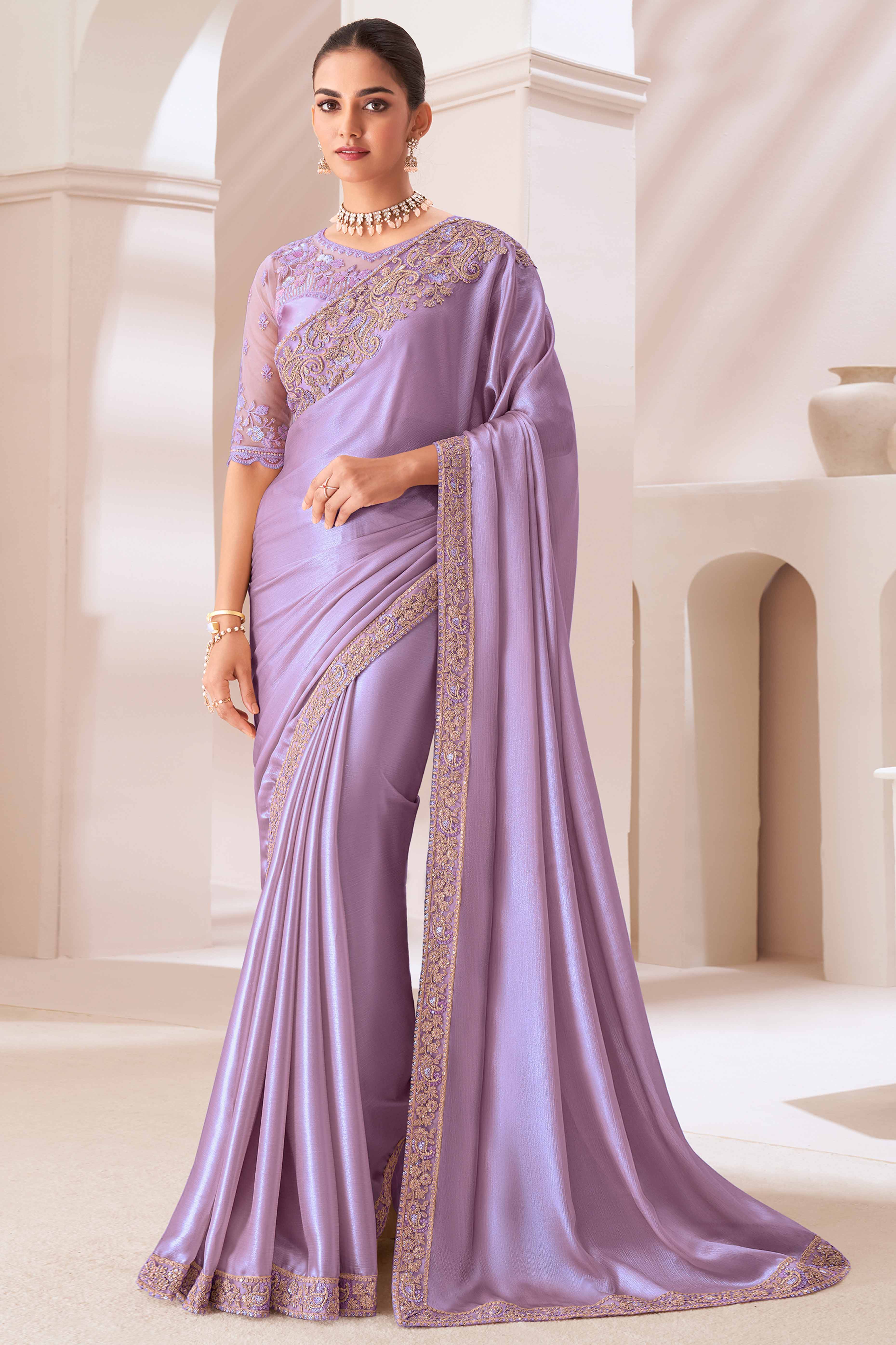 Peachmode Lavender Floral Sequins Embroidered Chiffon Saree