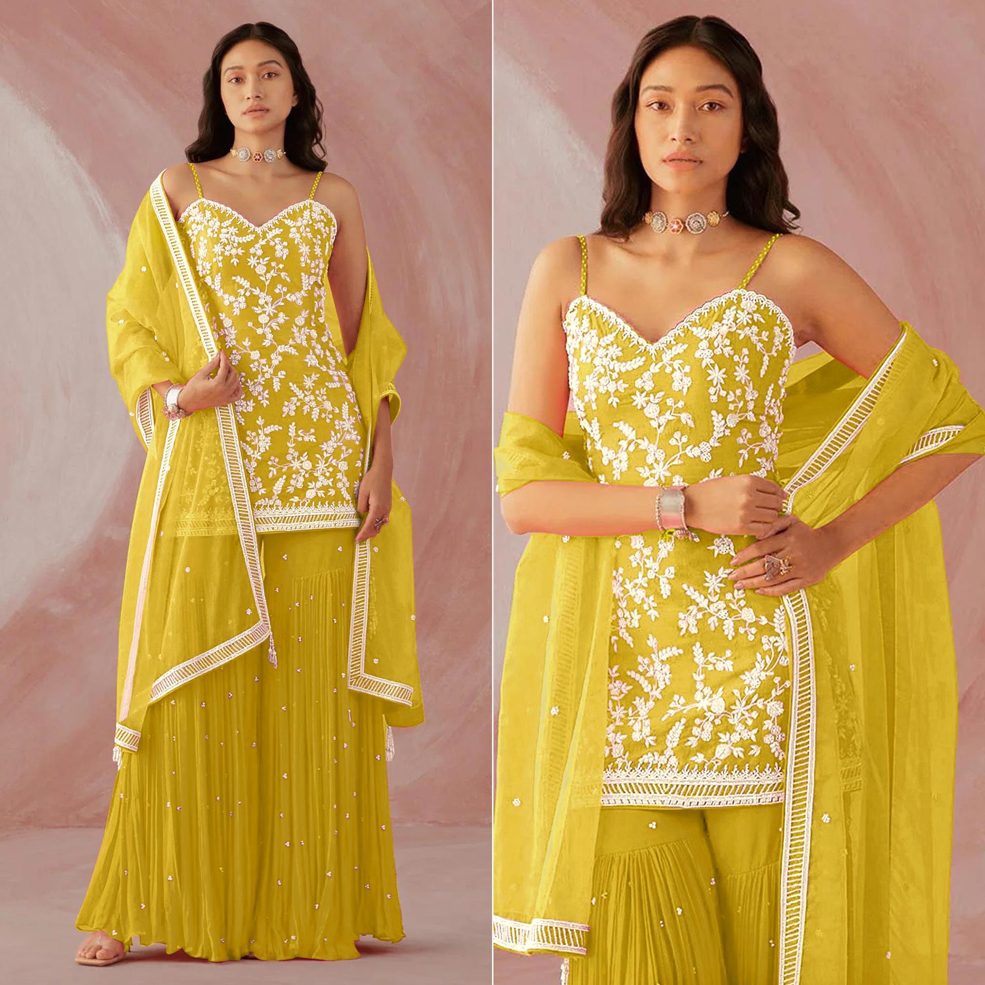 Peachmode Lemon Yellow Floral Sequins Embroidered Georgette Sharara Suit