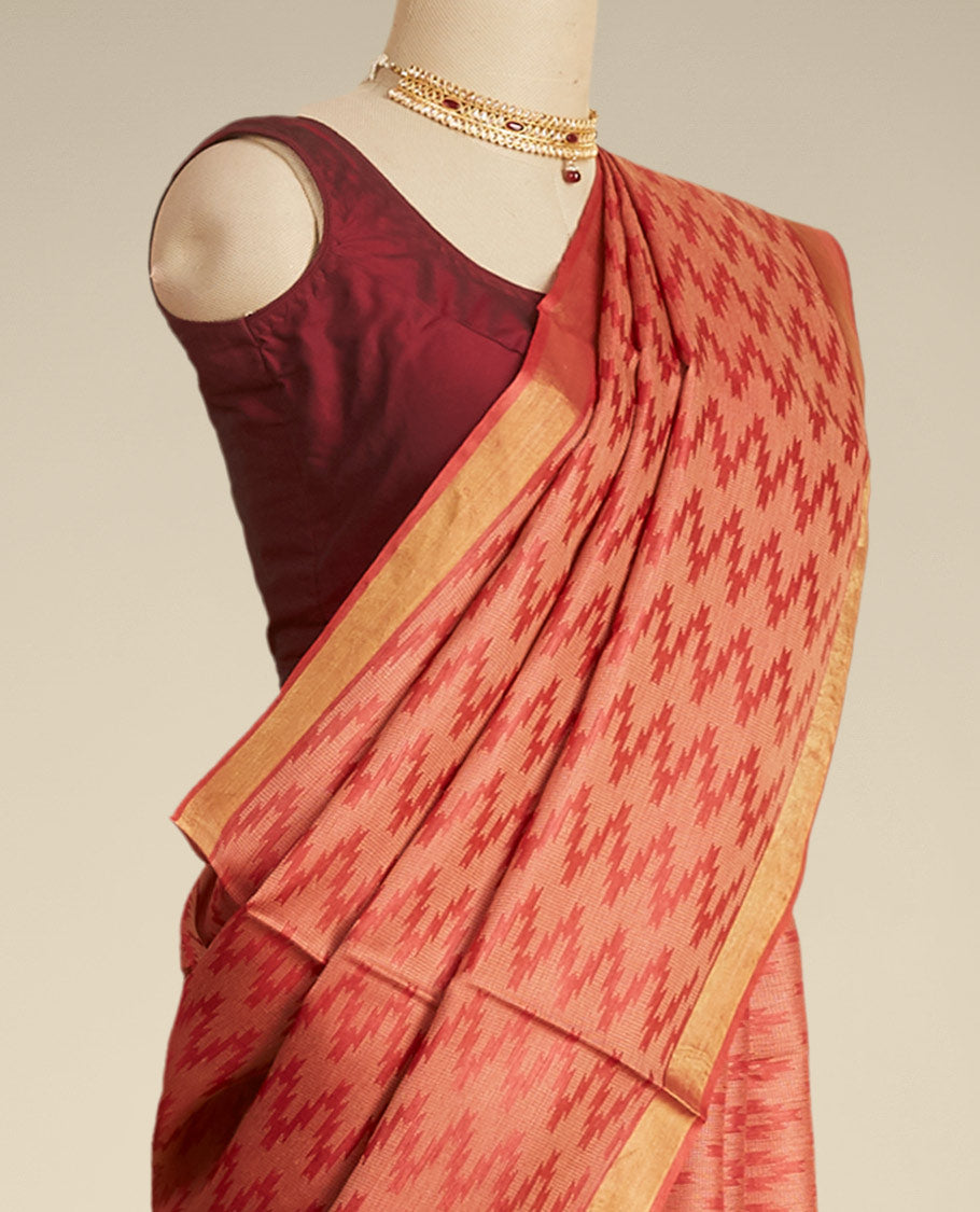 Pothys Red zig- zag striped design tusser silk saree with contrast zari border