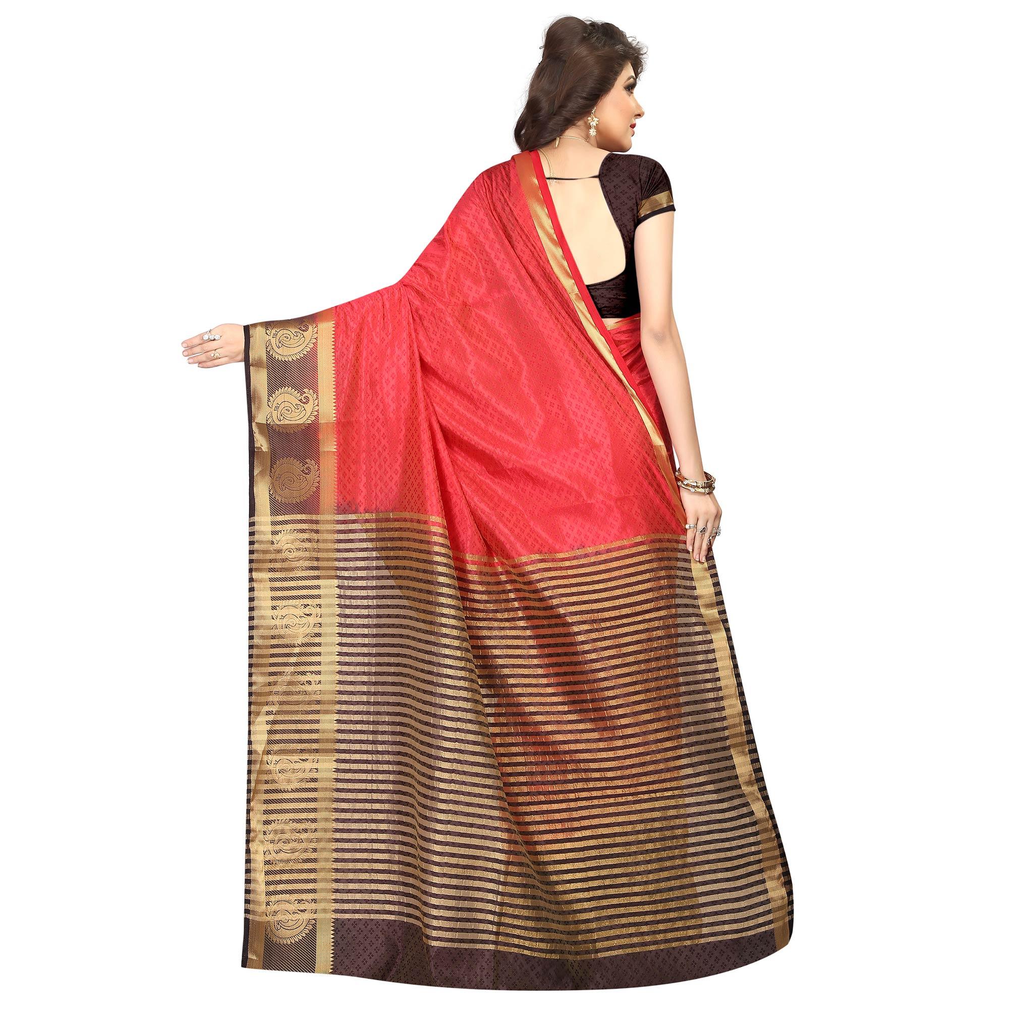 Peachmode Breathtaking Red Colored Festive Wear Woven Cotton Silk Saree - view 4