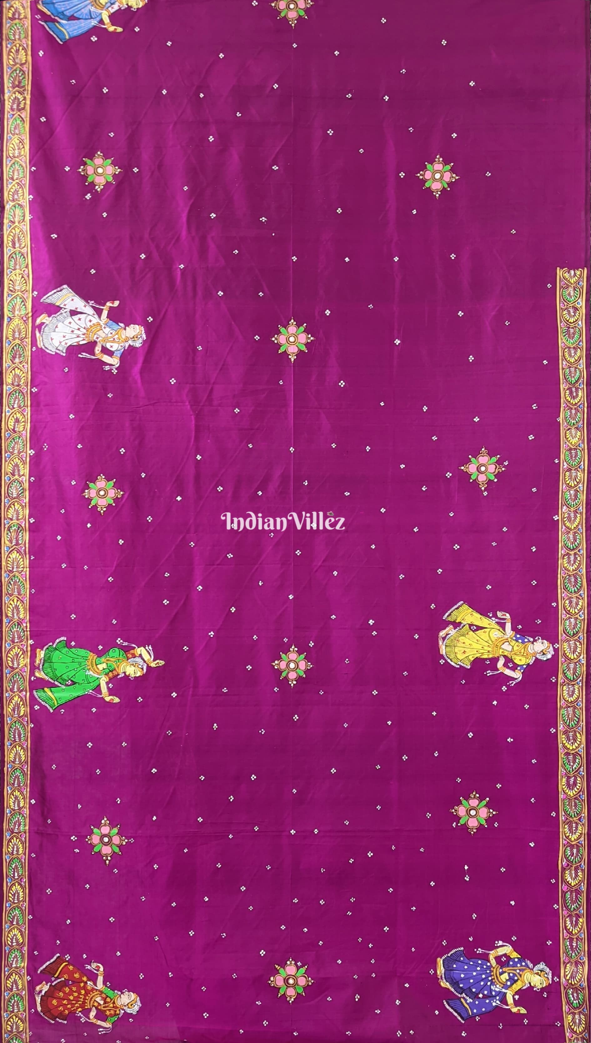 IndianVillèz Wine Color Ram Sita Vivah Theme Hand-Painted Pattachitra Saree - view 2