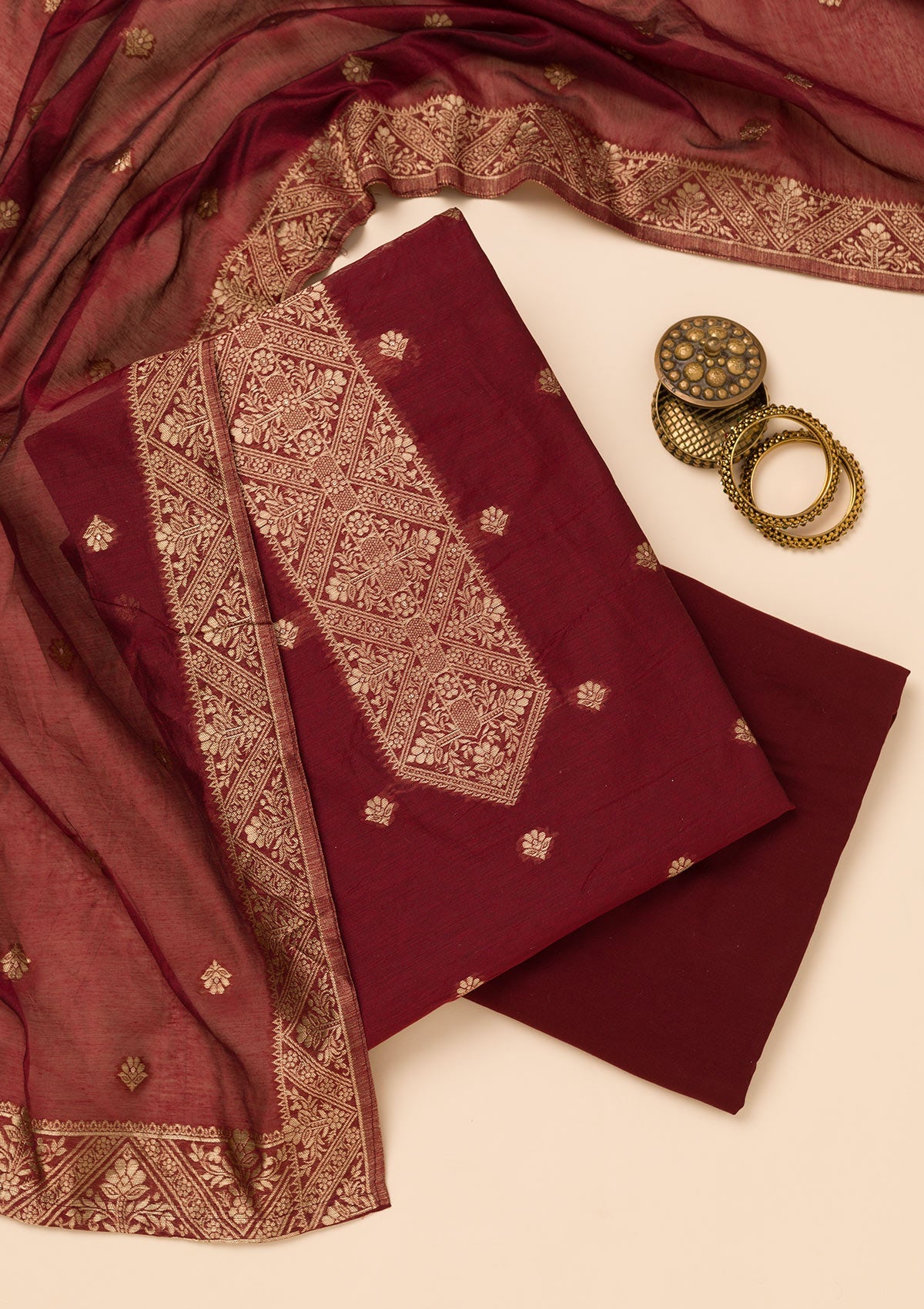 Koskii Maroon Zariwork Soft Silk Unstitched Salwar Suit