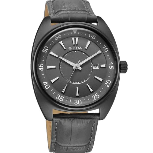 Titan Classique Tonneau Analog with Date and Grey Dial Grey Leather Strap Watch for Men 42mm 90211QL02 - view 2