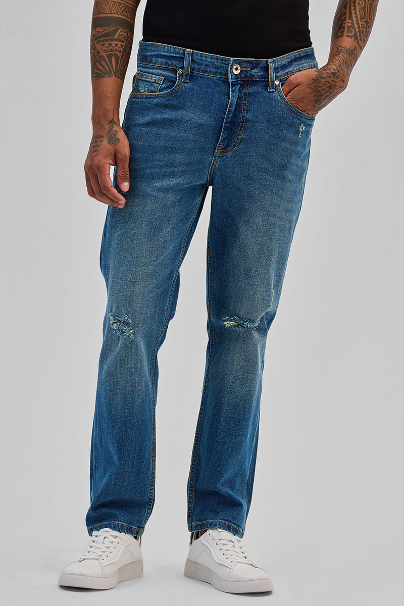 SNITCH Blue Distressed Regular Fit Jeans