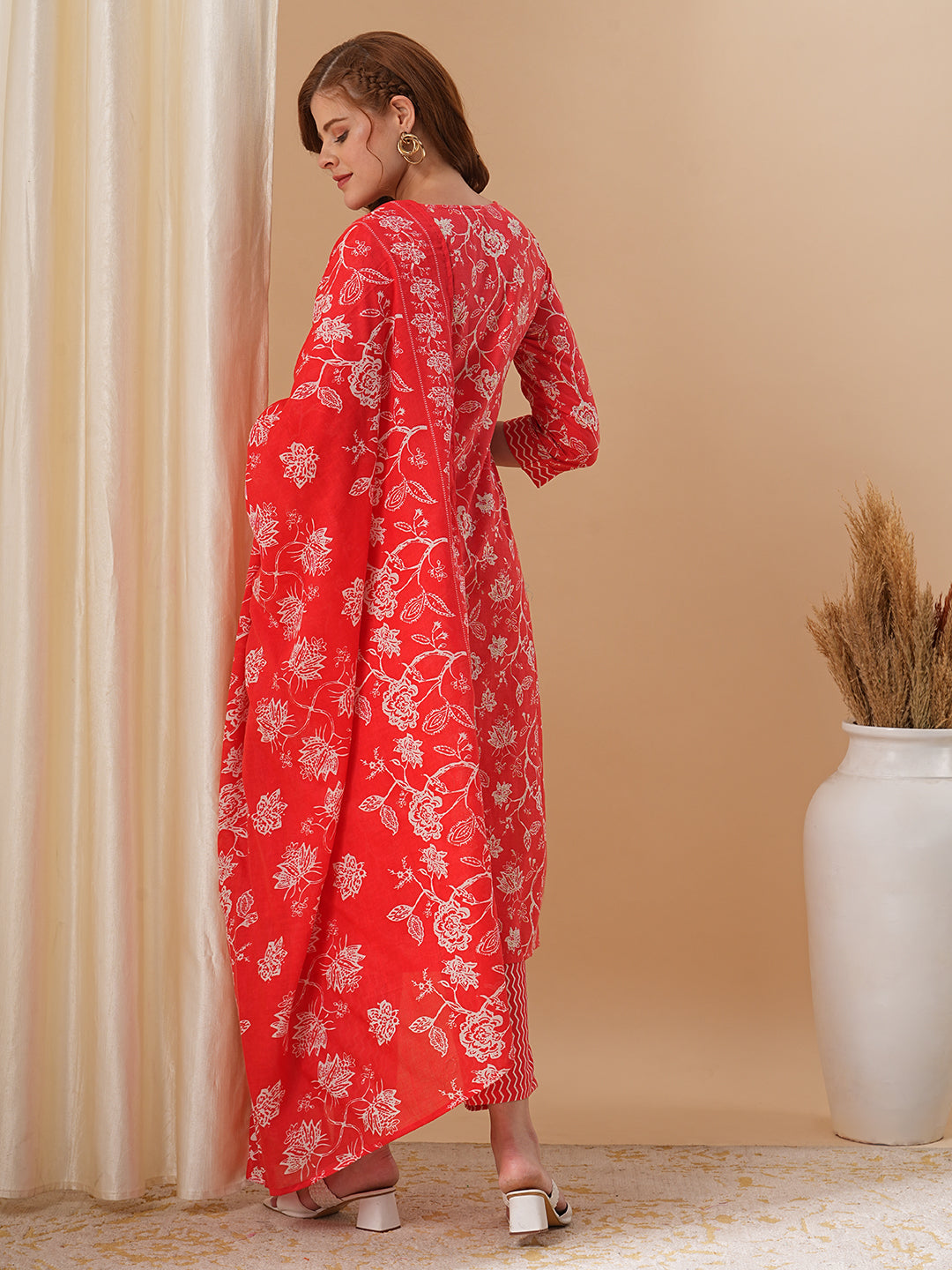 Fashor Floral Printed & Embroidered Straight Kurta with Pant & Dupatta - Red - view 6