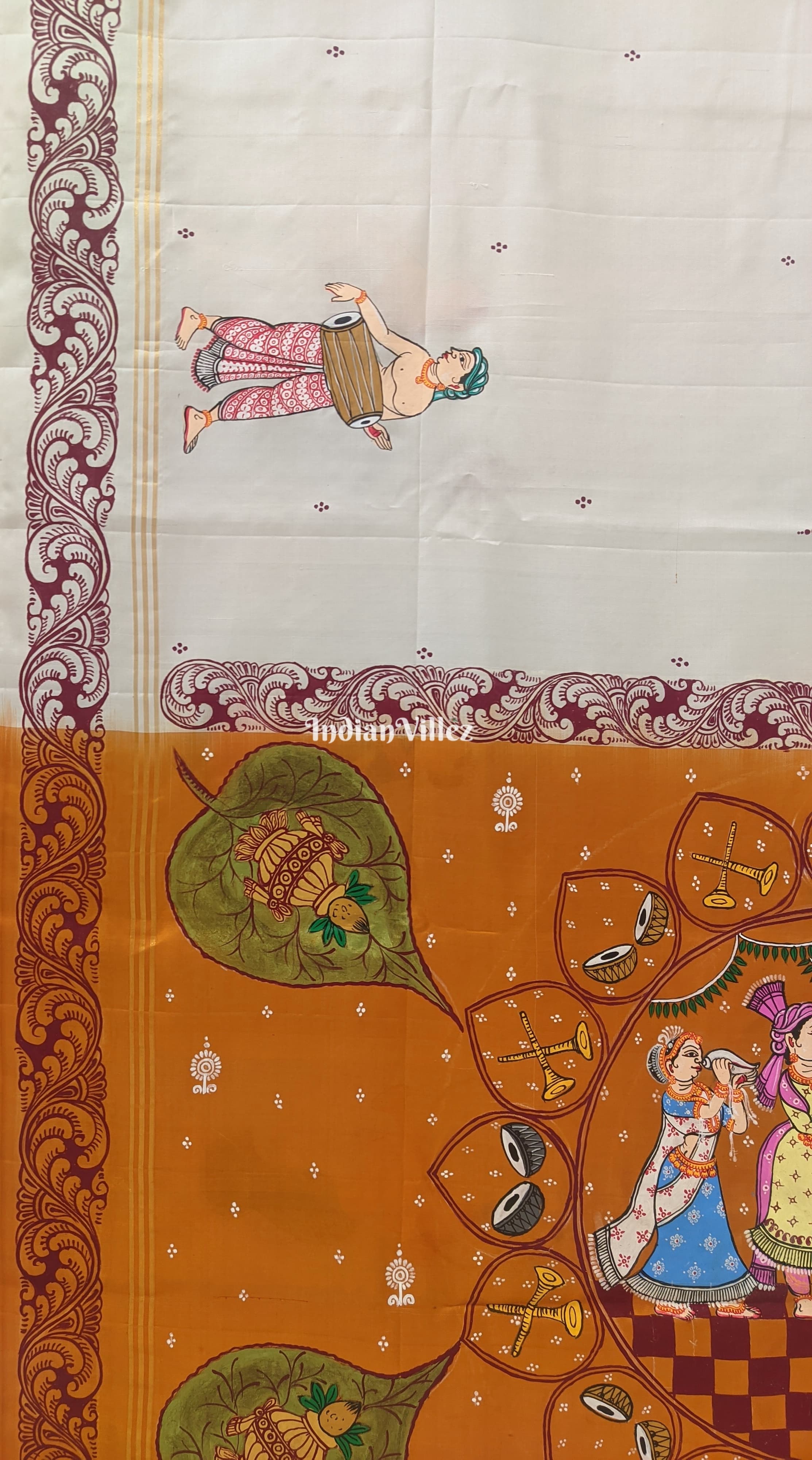 IndianVillèz Red Mustard Yellow Marriage Theme Hand-Painted Pattachitra Saree - view 3