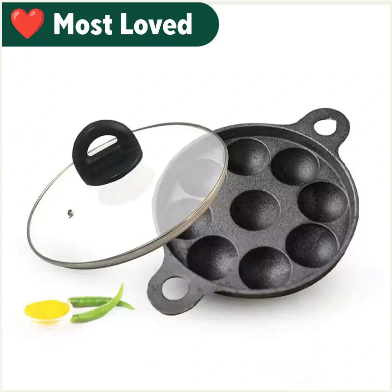 The Indus Valley 9 Pit/Cup CASTrong Cast Iron Paniyaram/Appe Pan+ Glass Lid, Pre-seasoned, Natural Nonstick, 100% Pure, Toxin-free, 21 cm, 2.7 kg