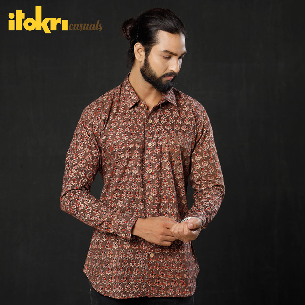 ITOKRI CASUALS Brown - Red Leaf Buta Ajrakh Block Printed Cotton Men Full Sleeve Shirt