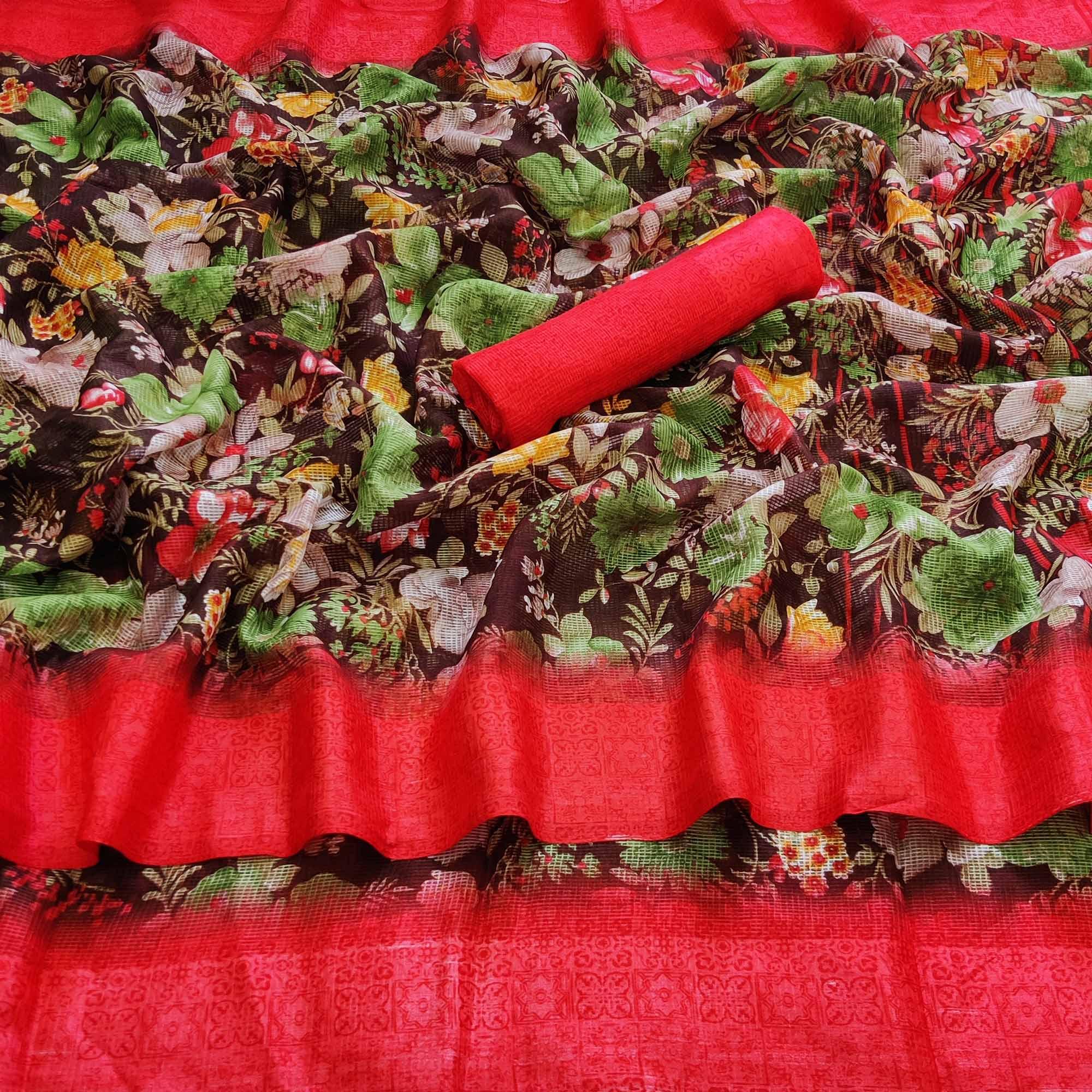 Peachmode Brown Casual Wear Floral Digital Printed linen Saree