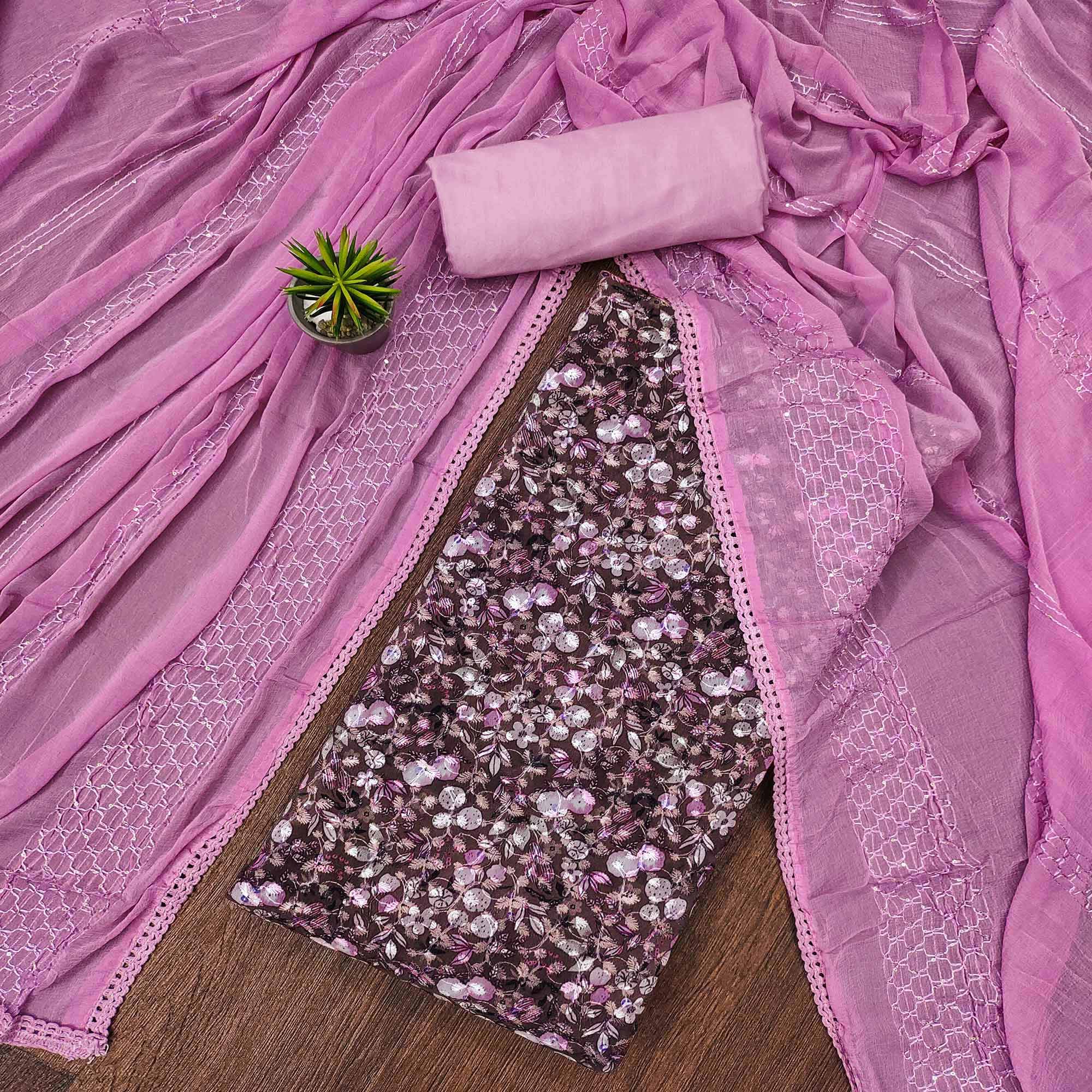 Peachmode Dark Wine Printed With Embroidered Georgette Dress Material