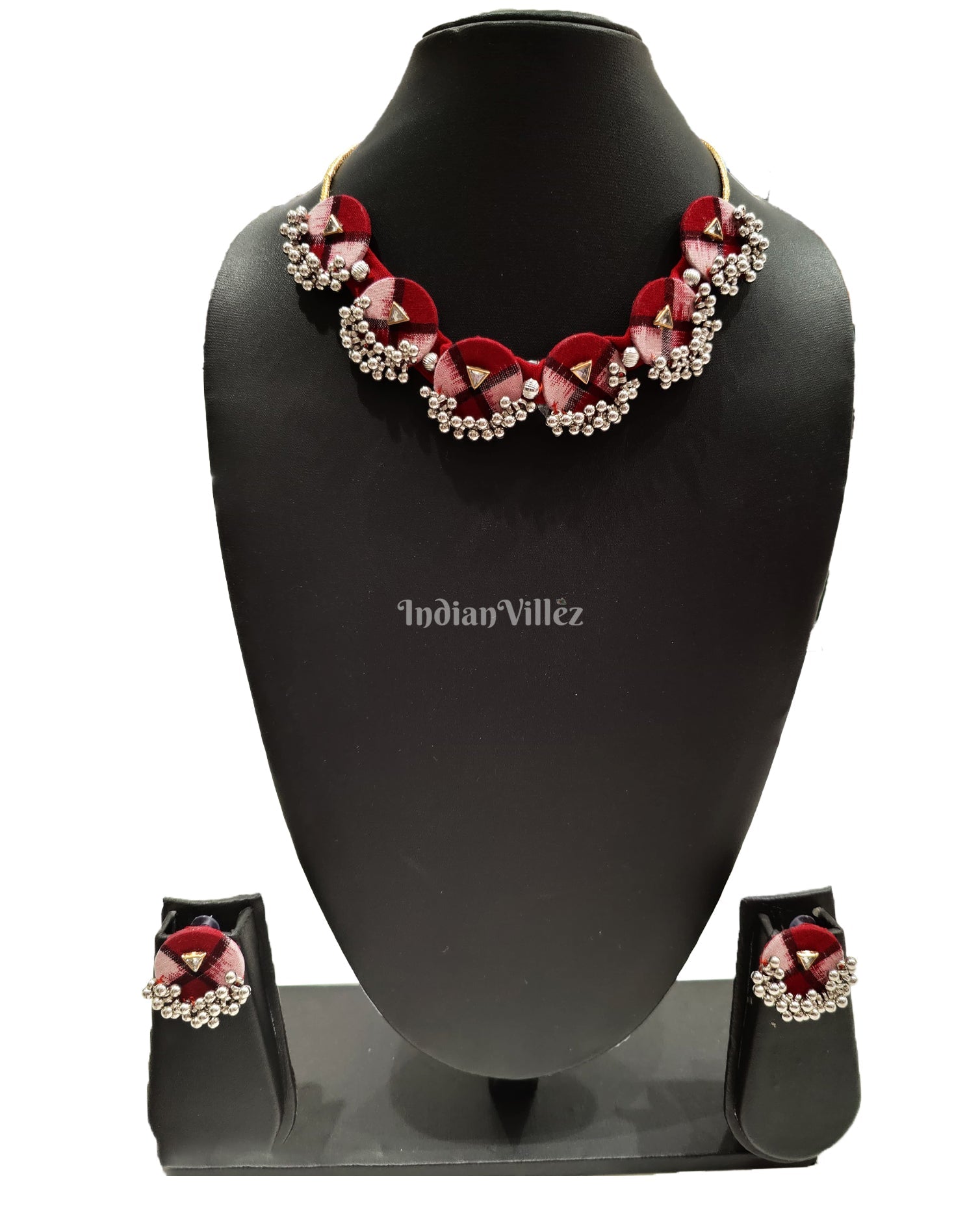 Necklace earrings set – IndianVillèz Red White Coin Shape Sambalpuri Fabric Choker Jewellery - Necklace & Earrings Set