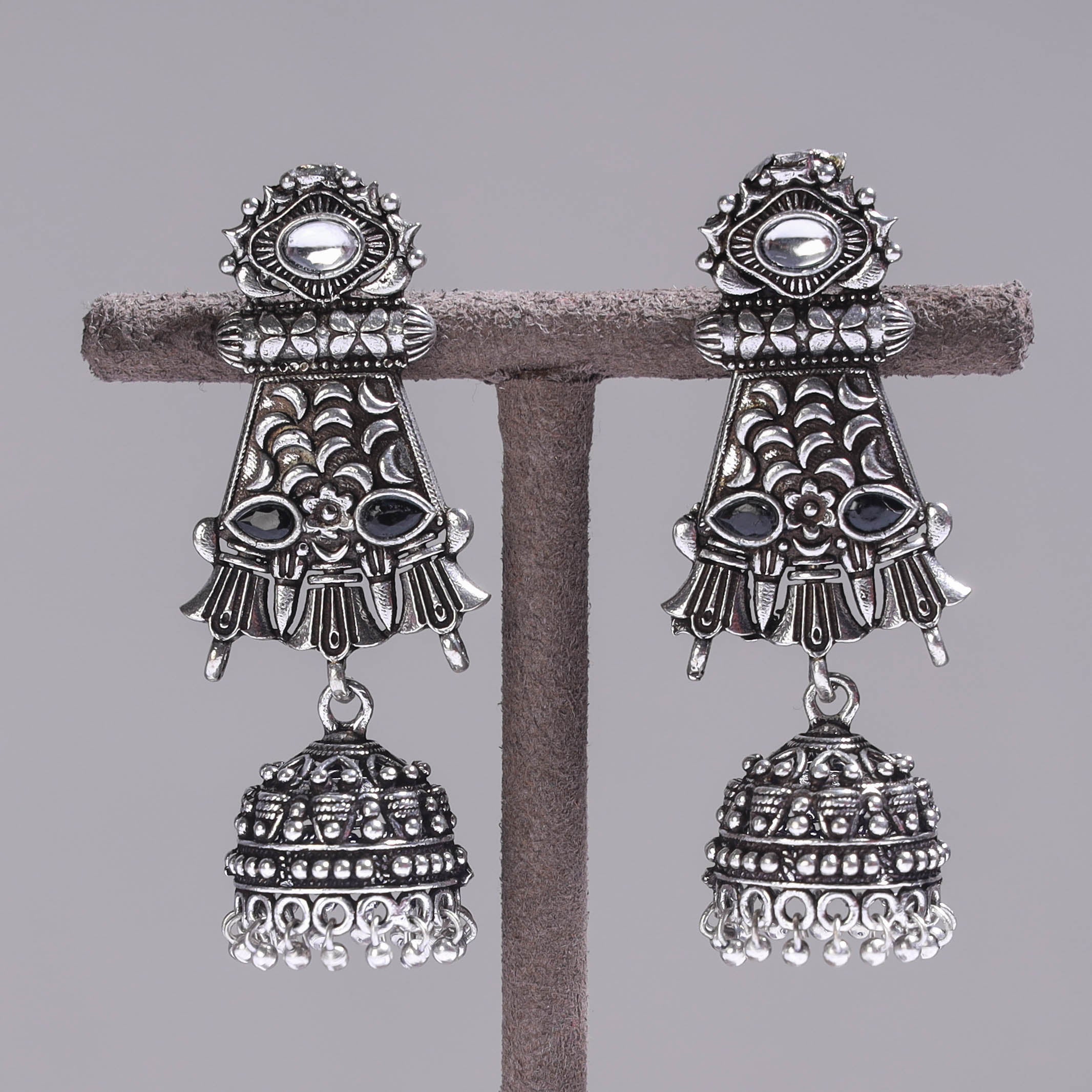 WHITE RIVER STORIES Antique Silver Finish Oxidised Brass Base Stone Work Jhumki Earrings - view 2