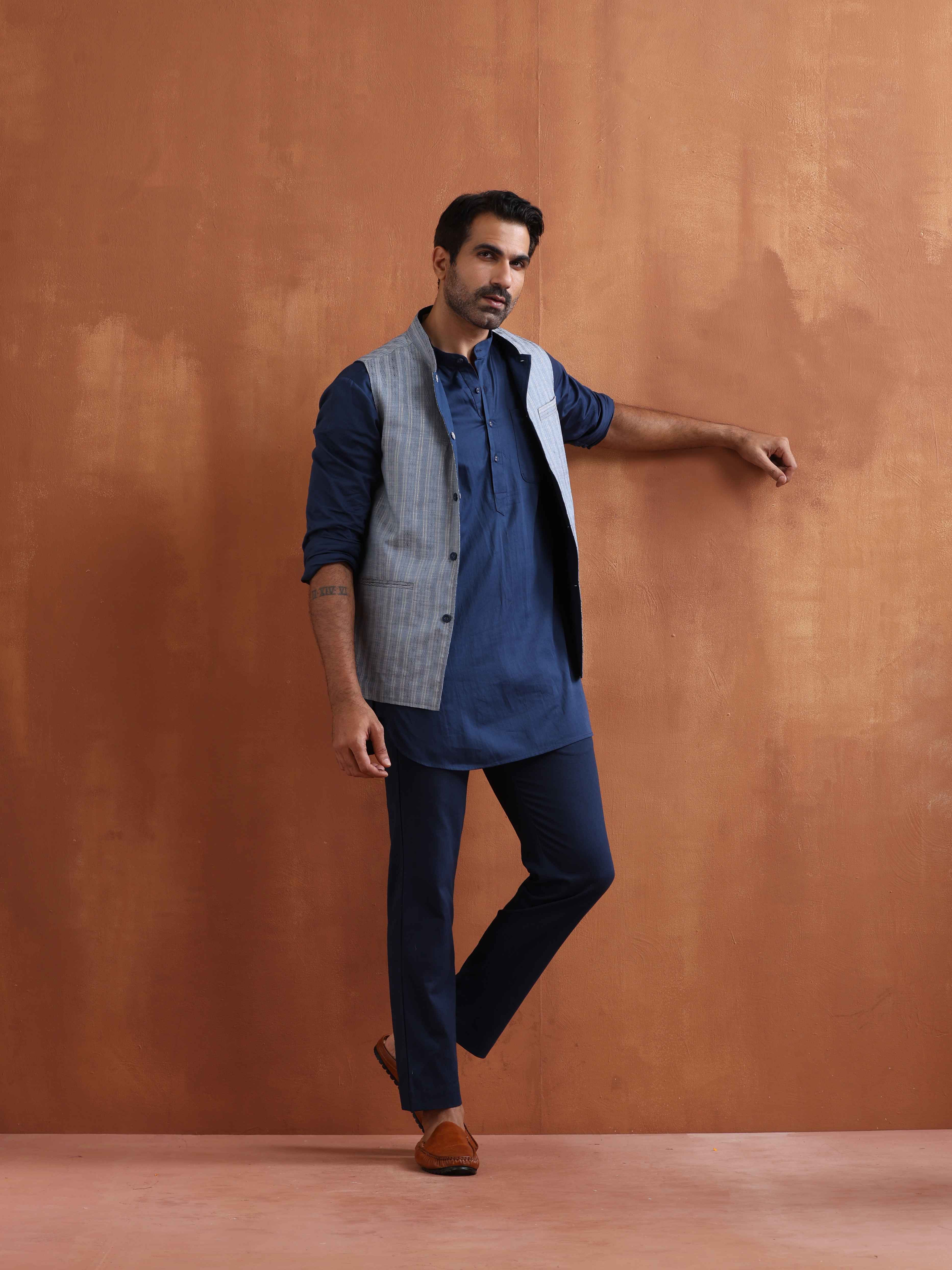 trueBrowns Men's Blue Chanderi Reversible Nehru Jacket - view 8