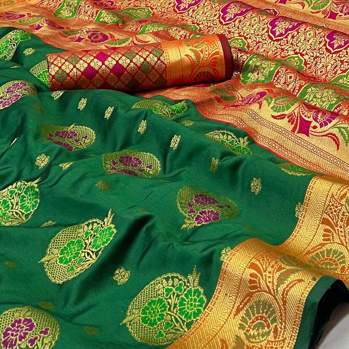 Peachmode Bottle Green Woven Art Silk Saree – Women's - view 2
