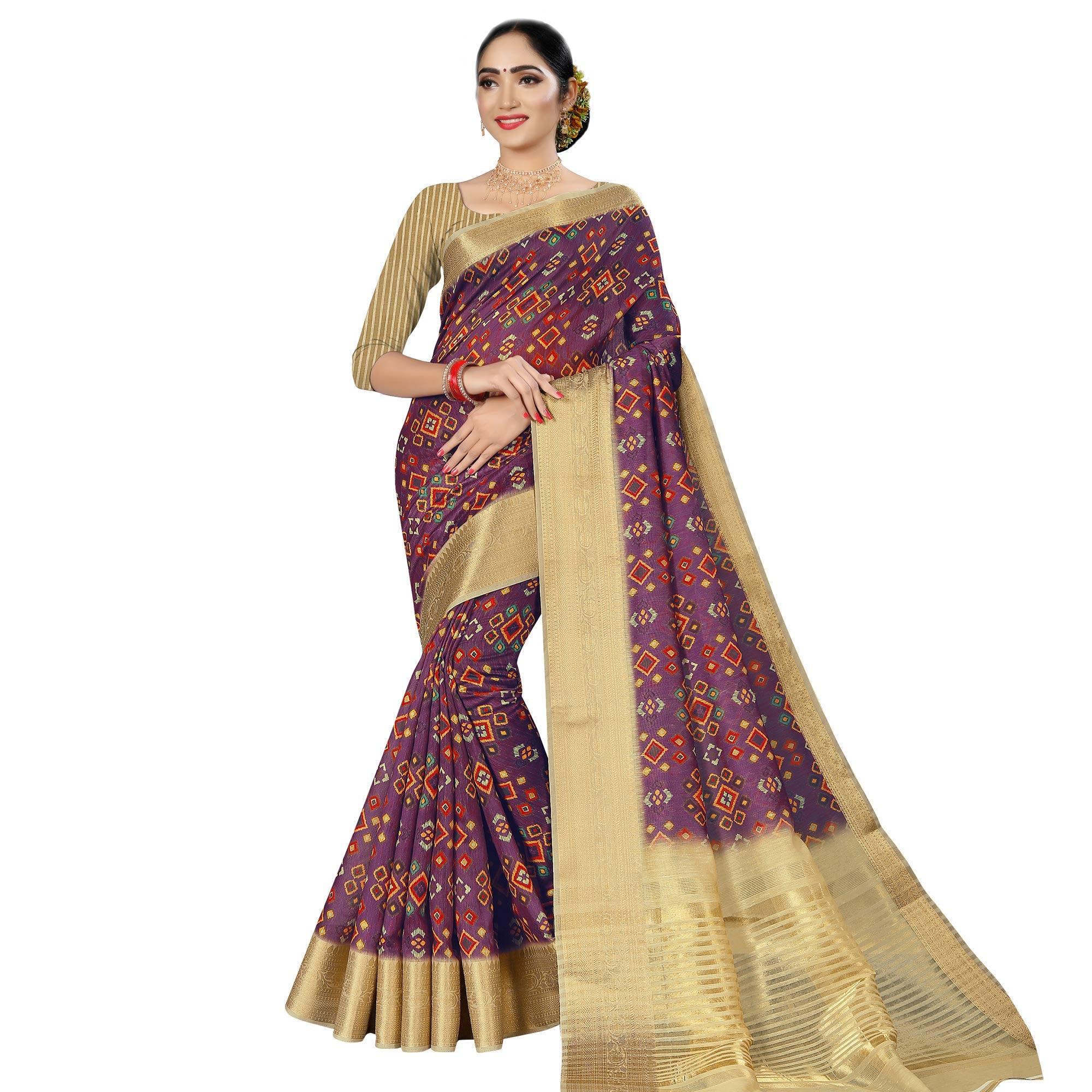 Peachmode Jazzy Purple Colored Casual Wear Digital Printed Cotton Silk Saree