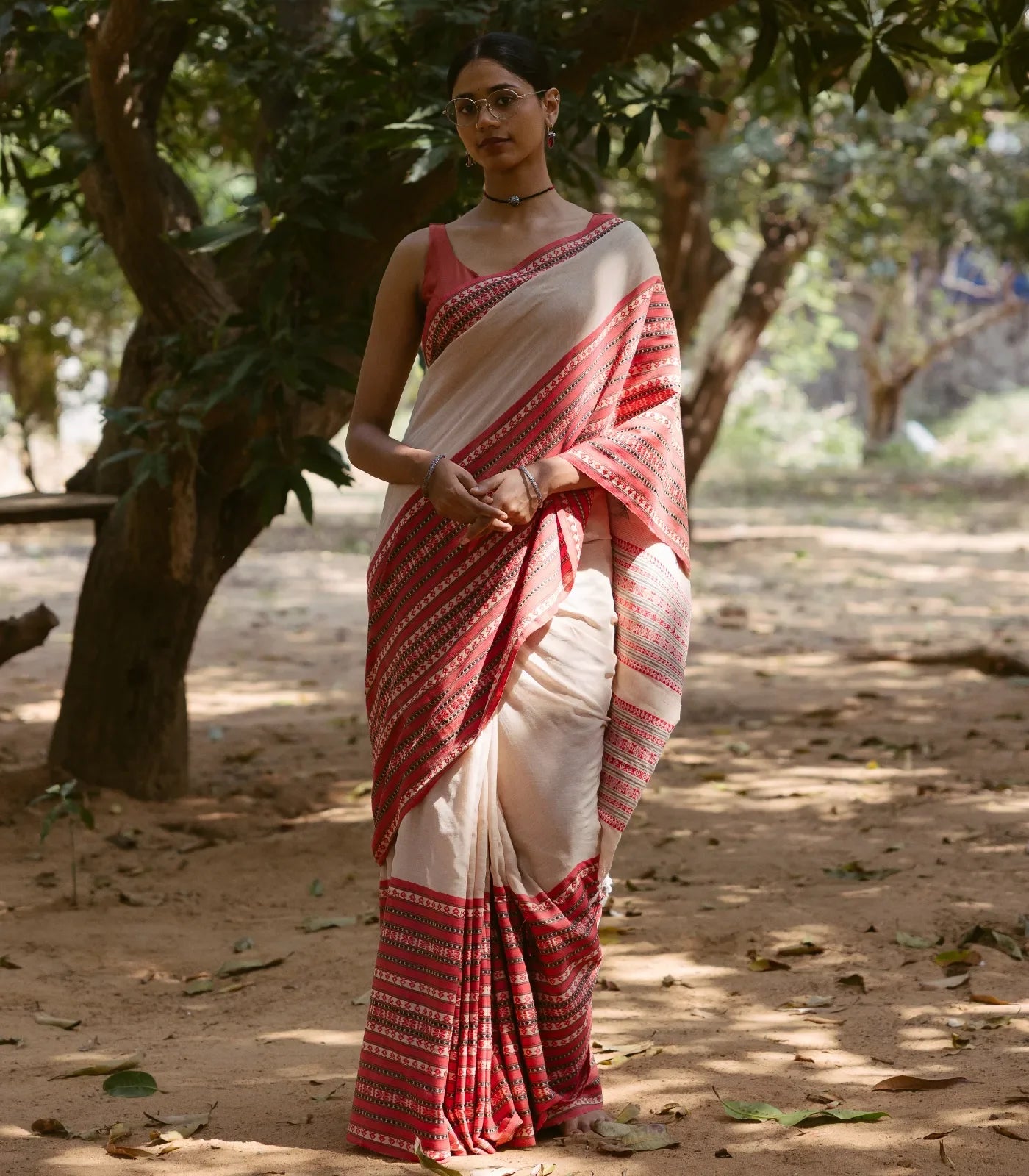 RmKV Beige Handloom Bengal Cotton Saree With Contrast Border