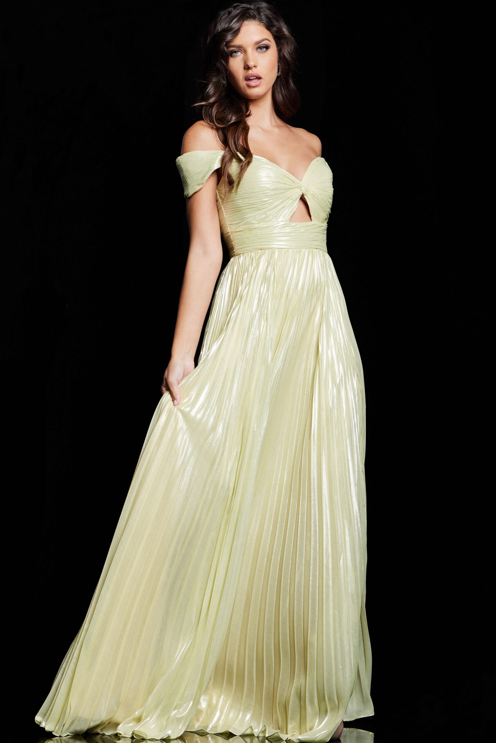 Metallic Off Shoulder A-line Slit Gown by Jovani 37389 - view 3
