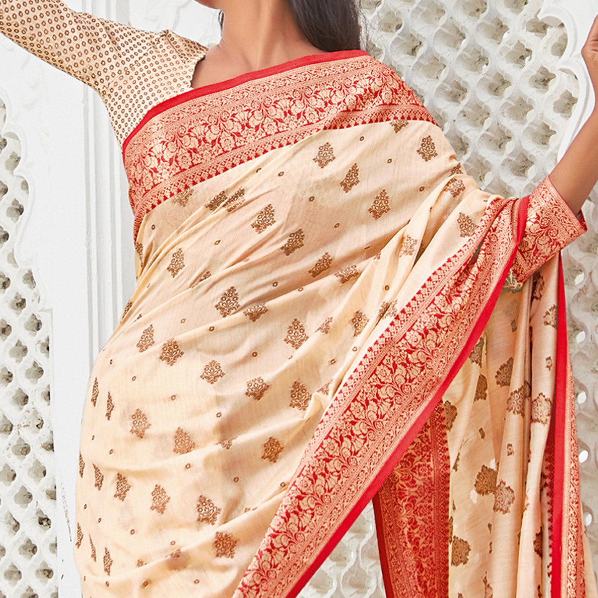 Peachmode Cream Casual Wear Woven Cotton Handloom Saree - view 2