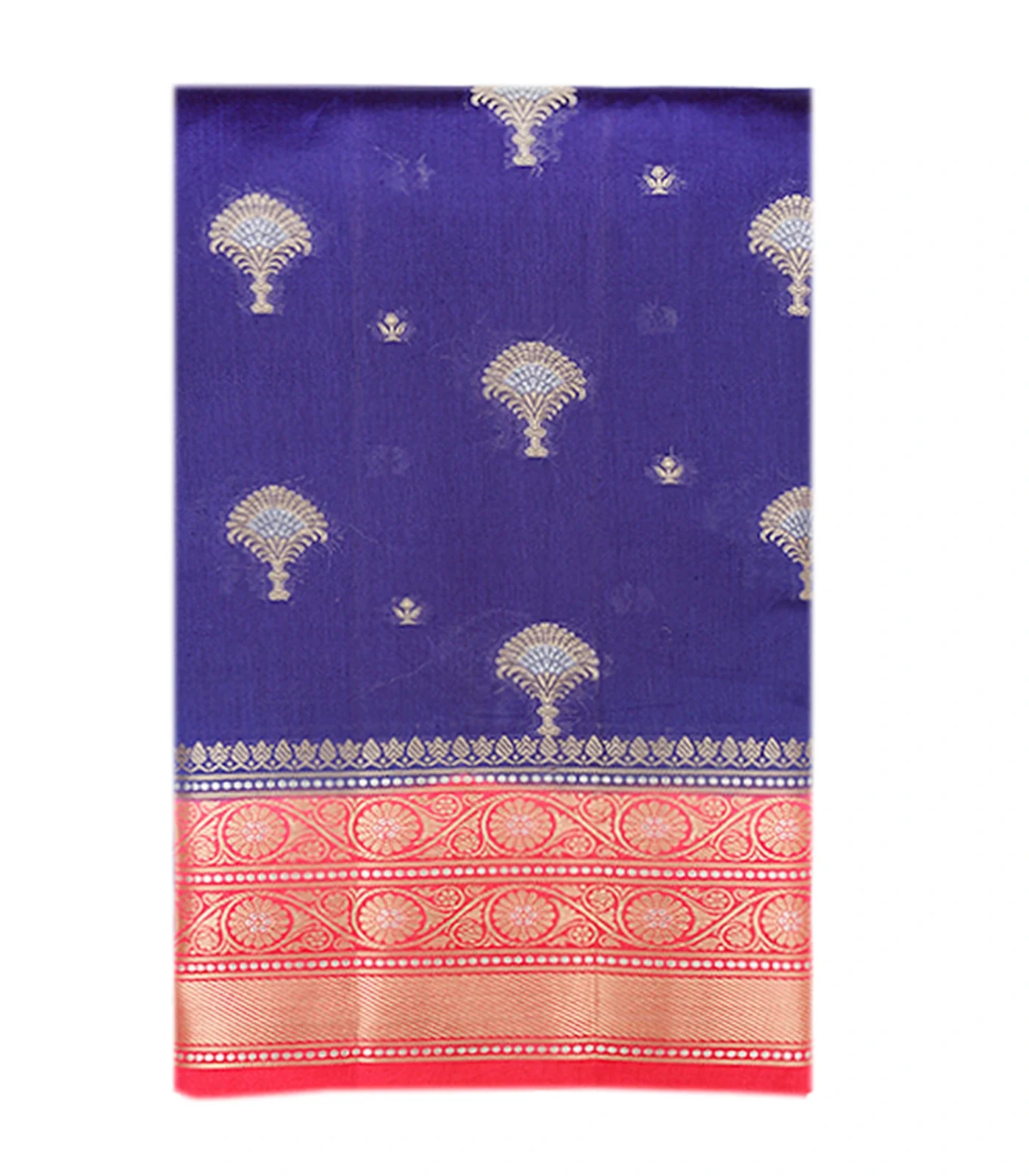 RmKV Blue Benarasi Woven Dupion Silk Saree With Flower Zari Butta & Vine Motifs in Contrast Pink Border