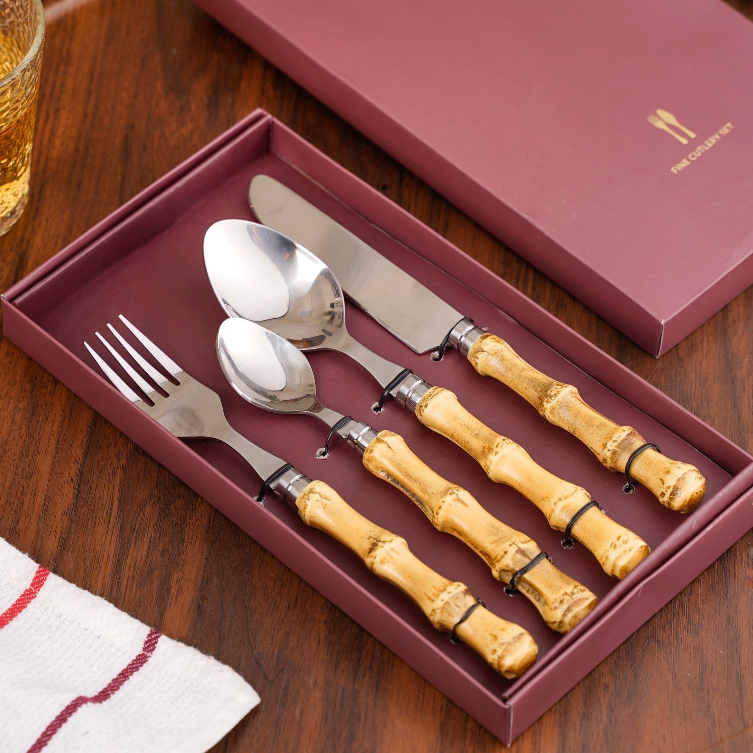 Nestasia Rustic Bamboo Design Stainless Steel Cutlery Set Of 4