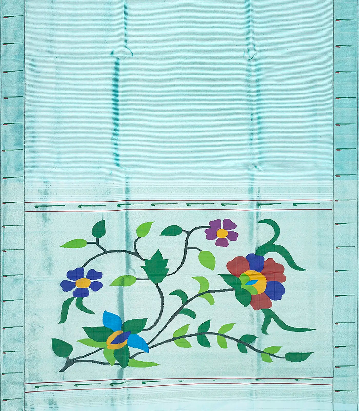 RmKV Turquoise Handloom Paithani Silk Saree With Stripes-Turquoise - view 2