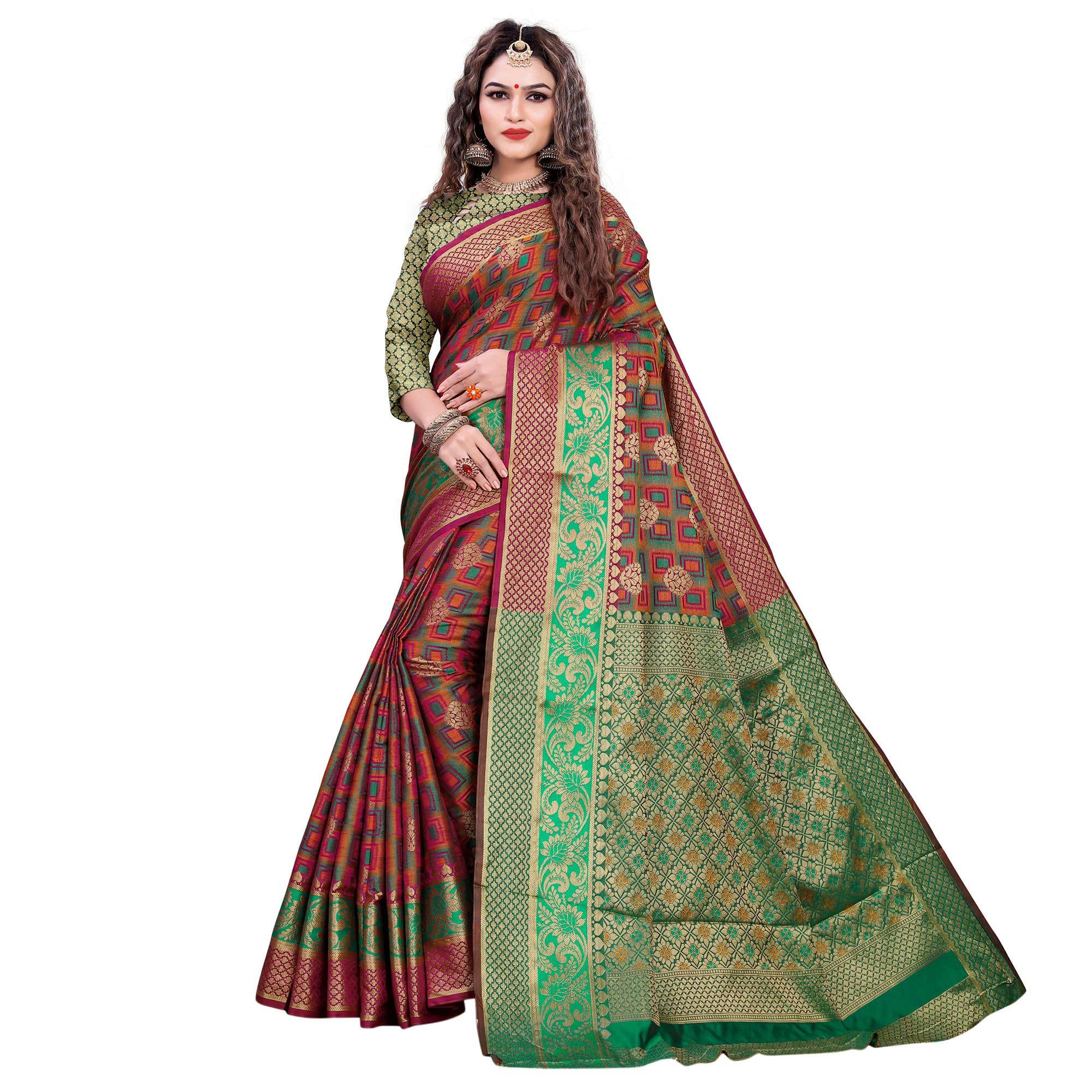 Peachmode Exceptional Maroon-Green Colored Festive Wear Woven Cotton Silk Jacquard Saree