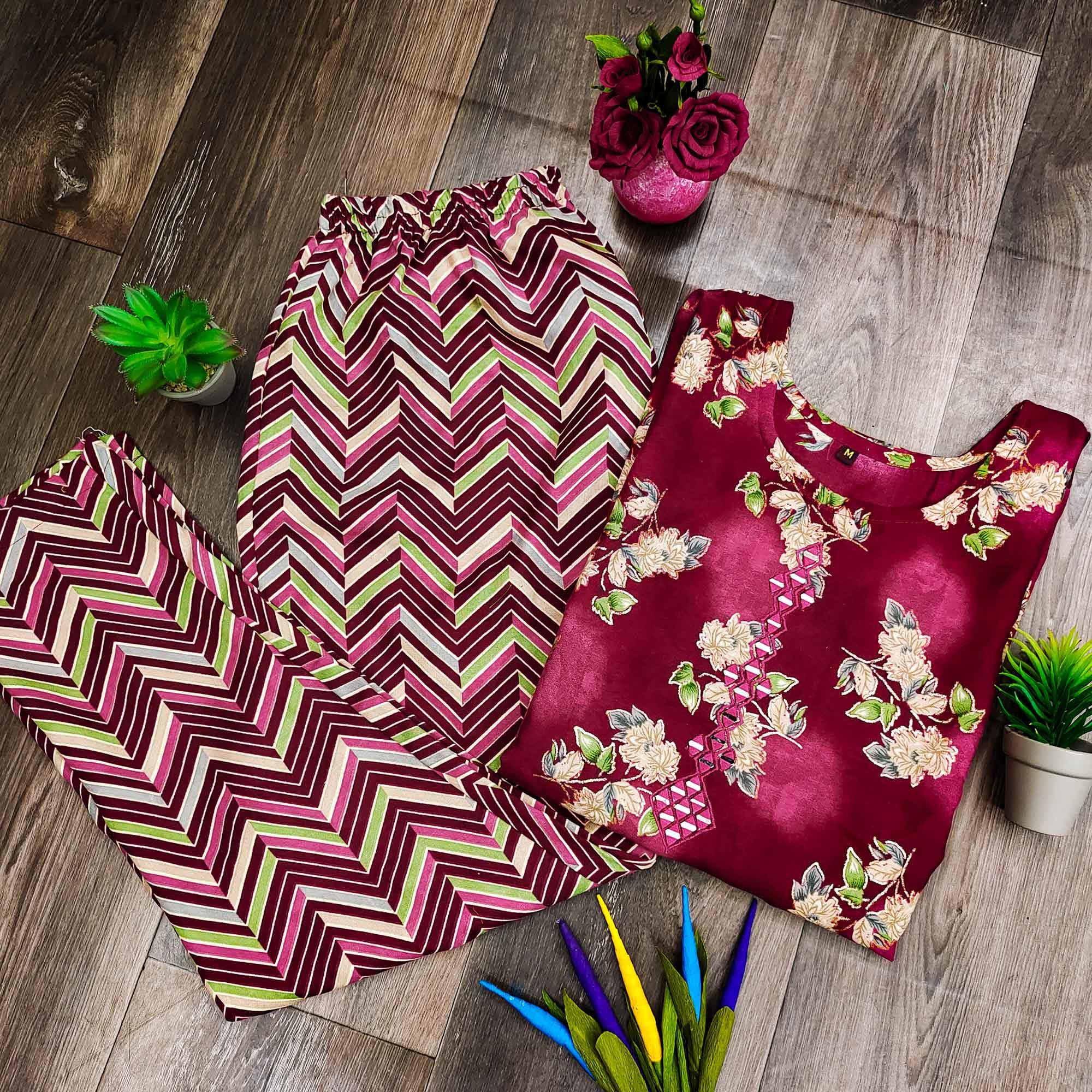 Peachmode Seller Maroon Casual Wear Mirror Printed Ruby Cotton Kurti Pant Set