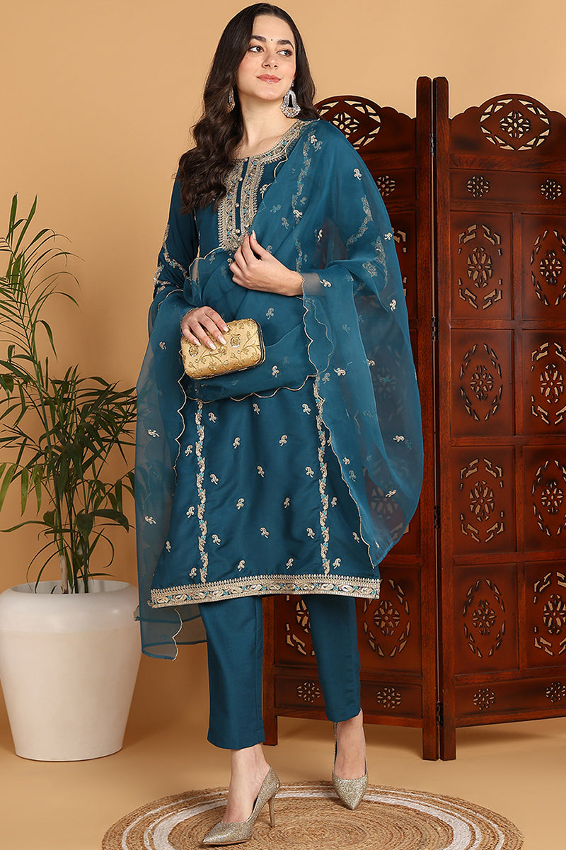 Ahika Teal Silk Blend Ethnic Motifs Embroidered Straight Suit Set PKSKD2198