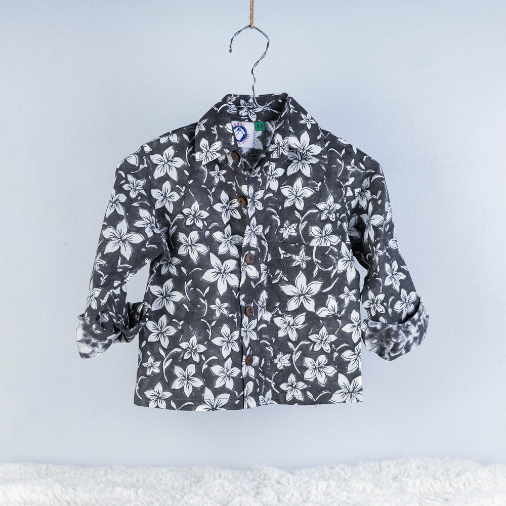 BINDAAS UNLIMITED Black - Sanganeri Block Printed Cotton Full-Sleeve Kids Shirt