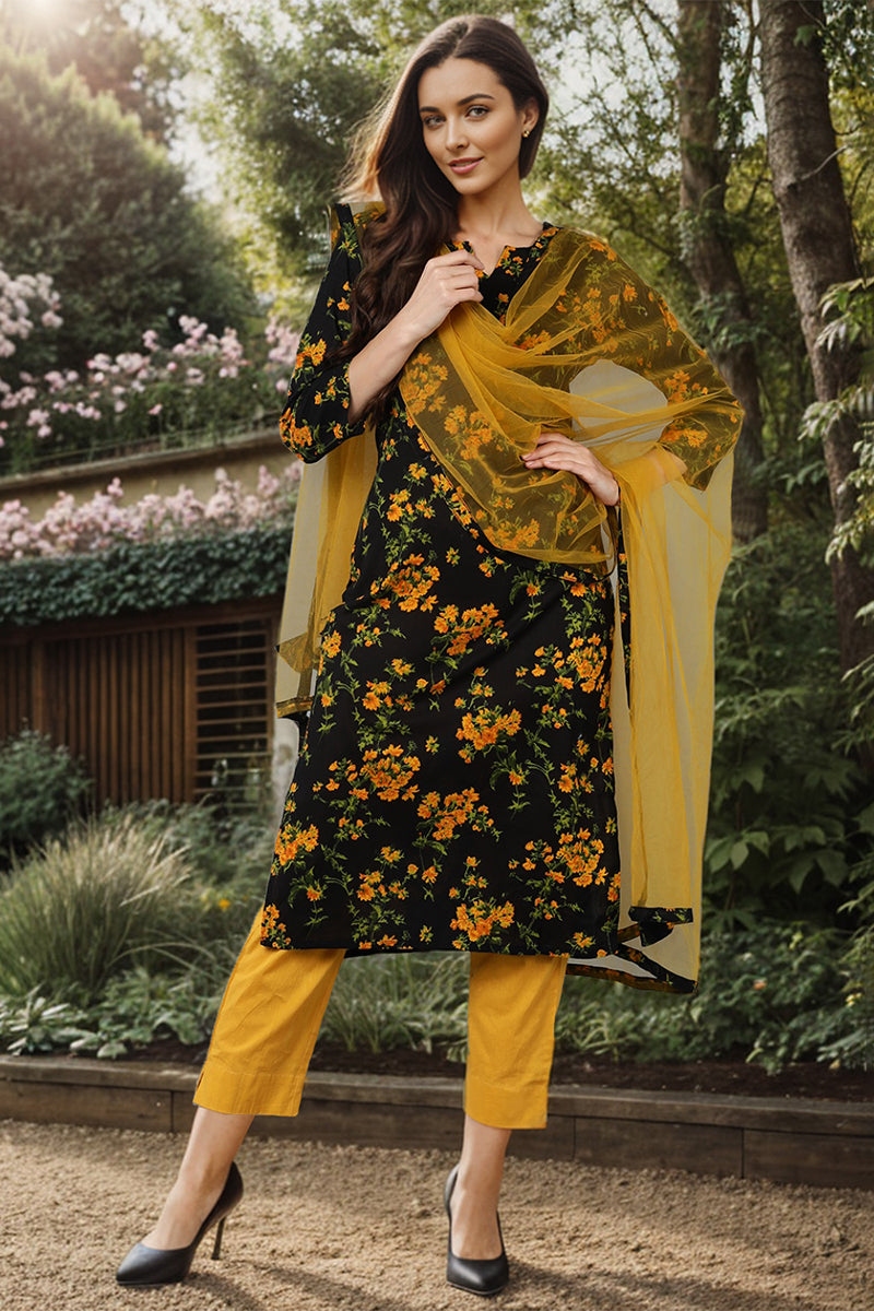 Ahika Black Rayon Blend Floral Straight Kurta Pant With Dupatta VKSKD1731