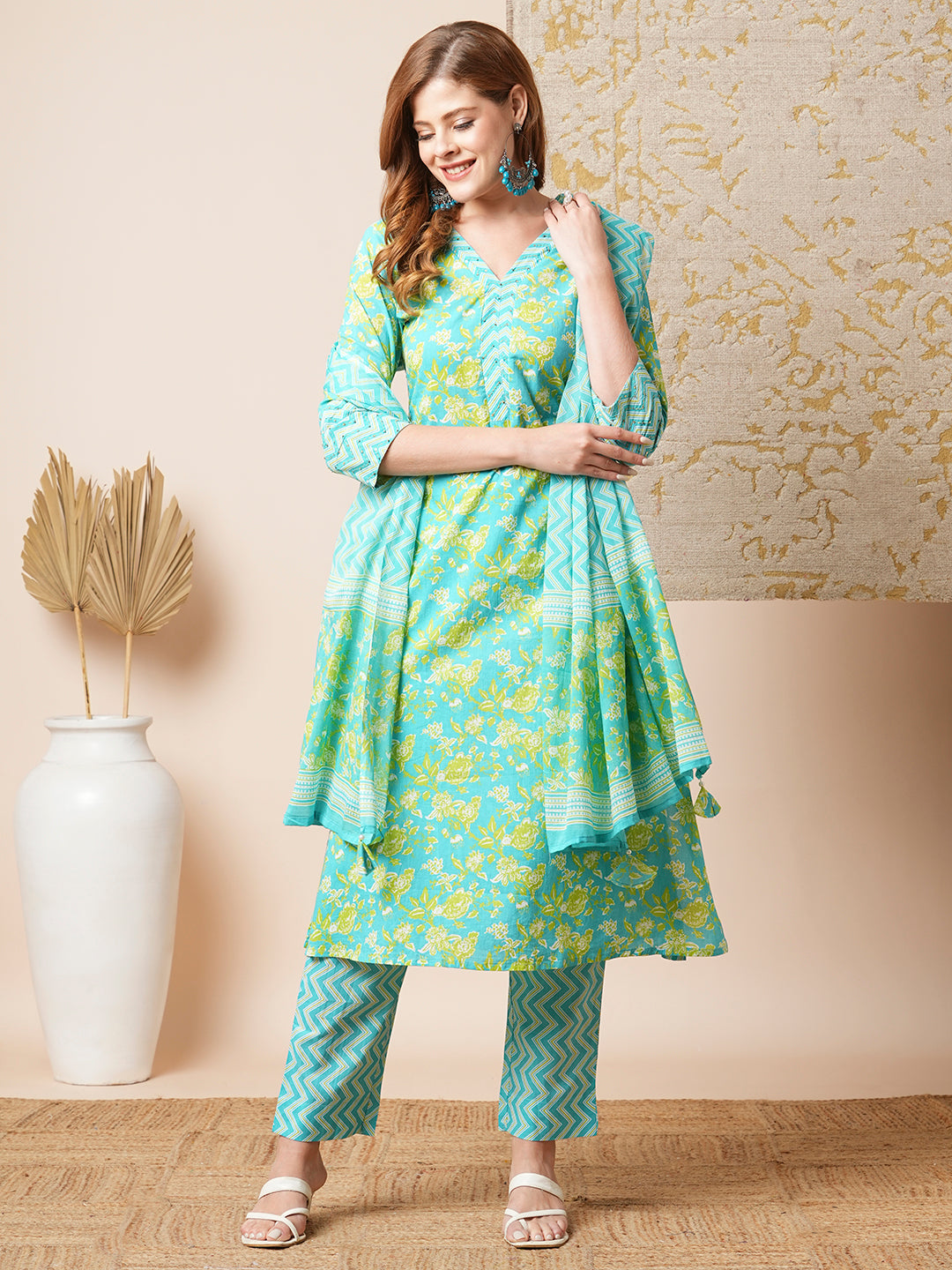 FASHOR Floral & Chevron Printed Embroidered Kurta with Pant & Dupatta - Blue