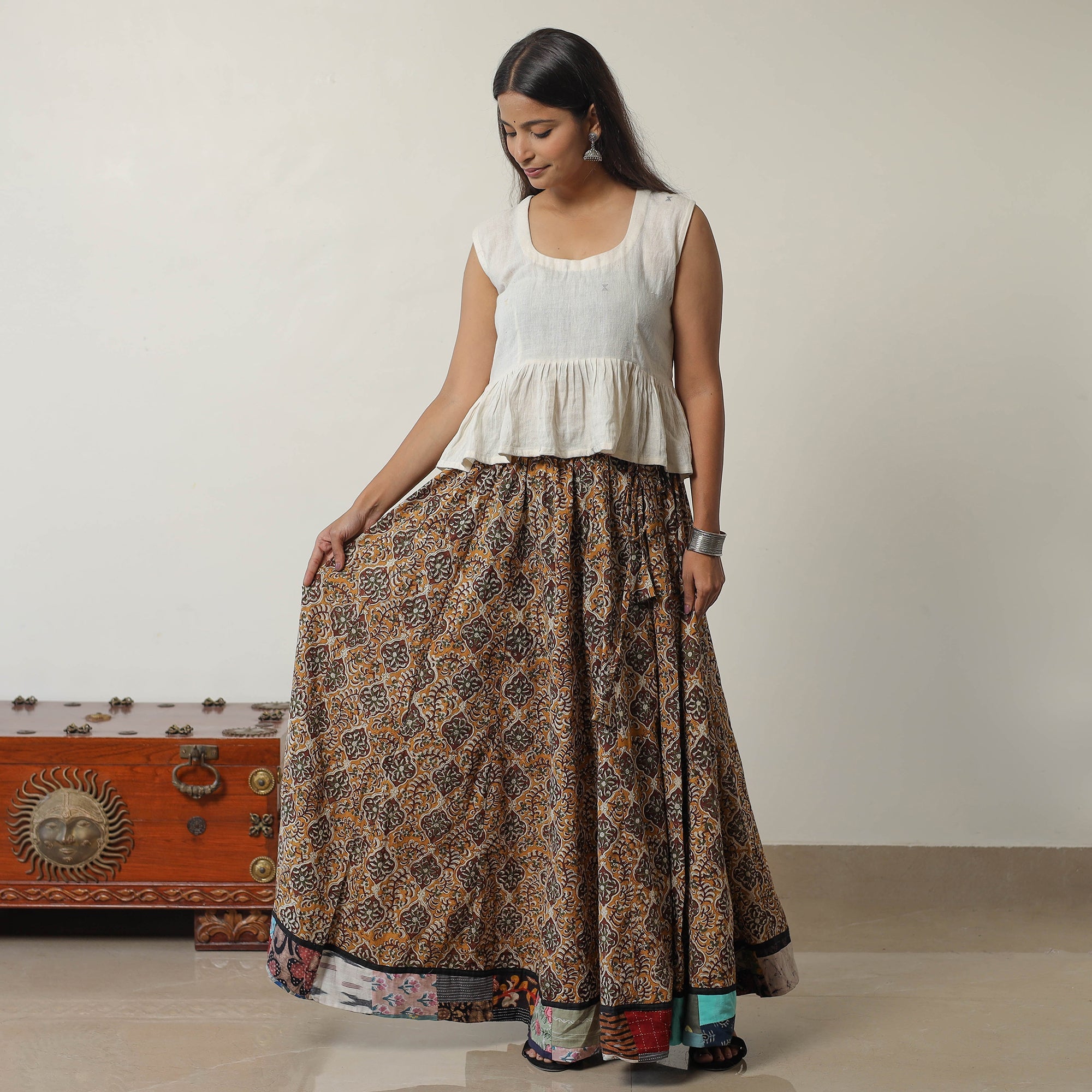 NOORI BAZAR Brown - Bagru Block Printed 24 Kali Patchwork Cotton Long Skirt 25 - view 2