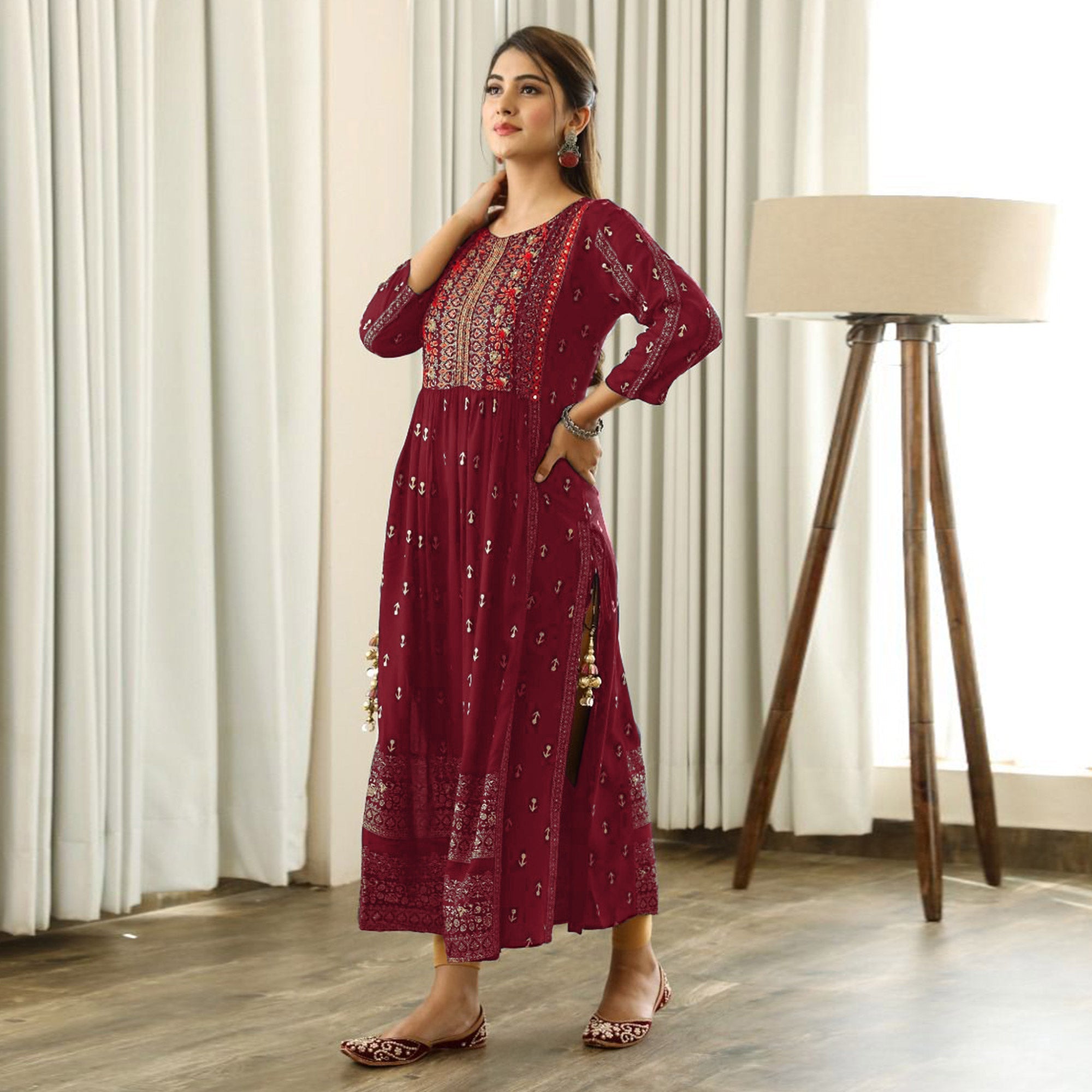 Peachmode Maroon Printed With Embroidered Rayon Naira Cut Kurti - view 4