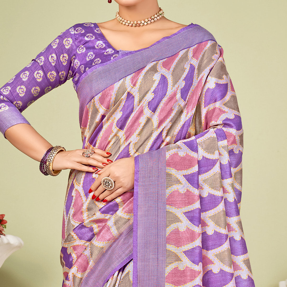 Peachmode Lavender Printed Tussar Silk Saree – Women's - view 2