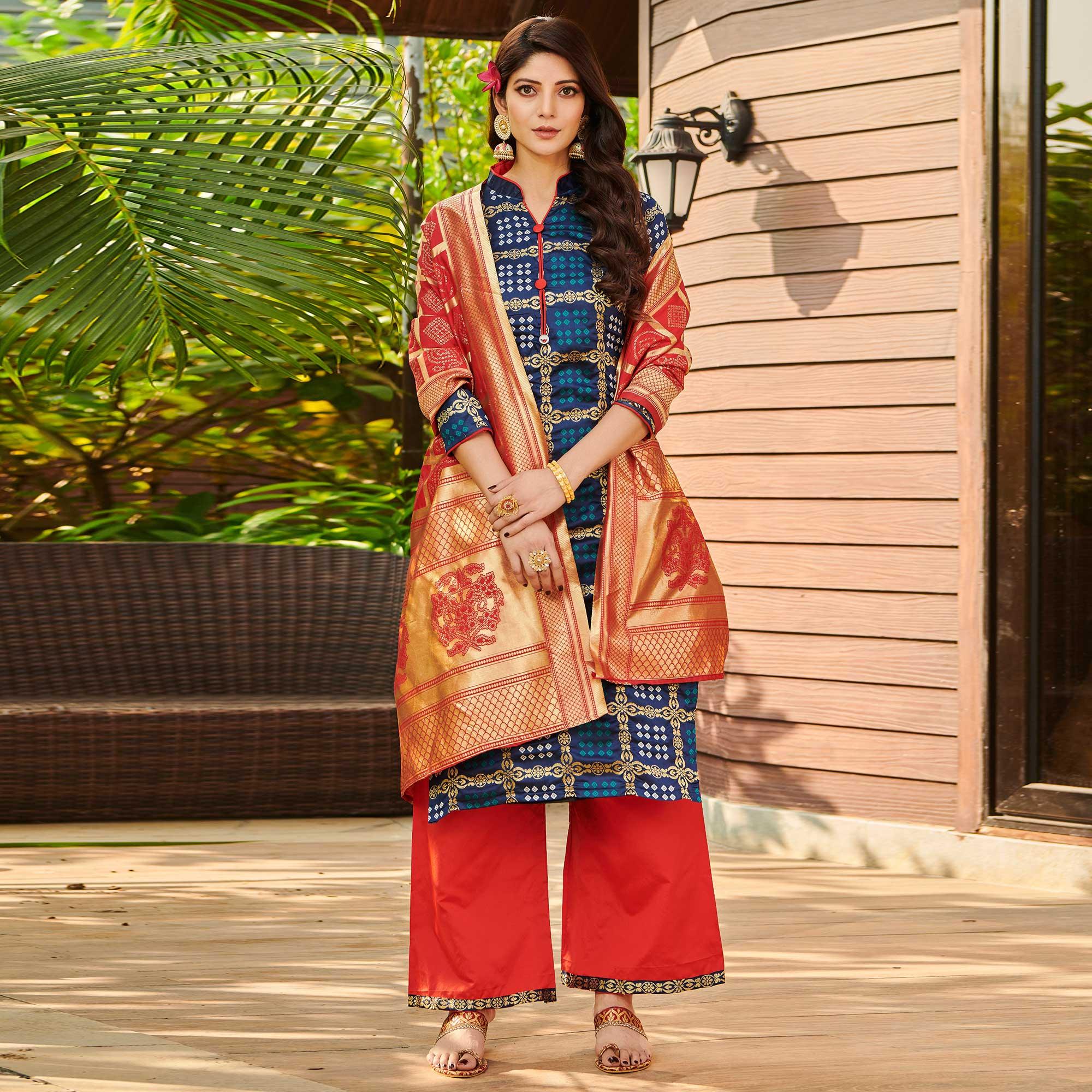 Peachmode Breathtaking Navy Blue Colored Casual Wear Woven Jacquard Silk Dress Material