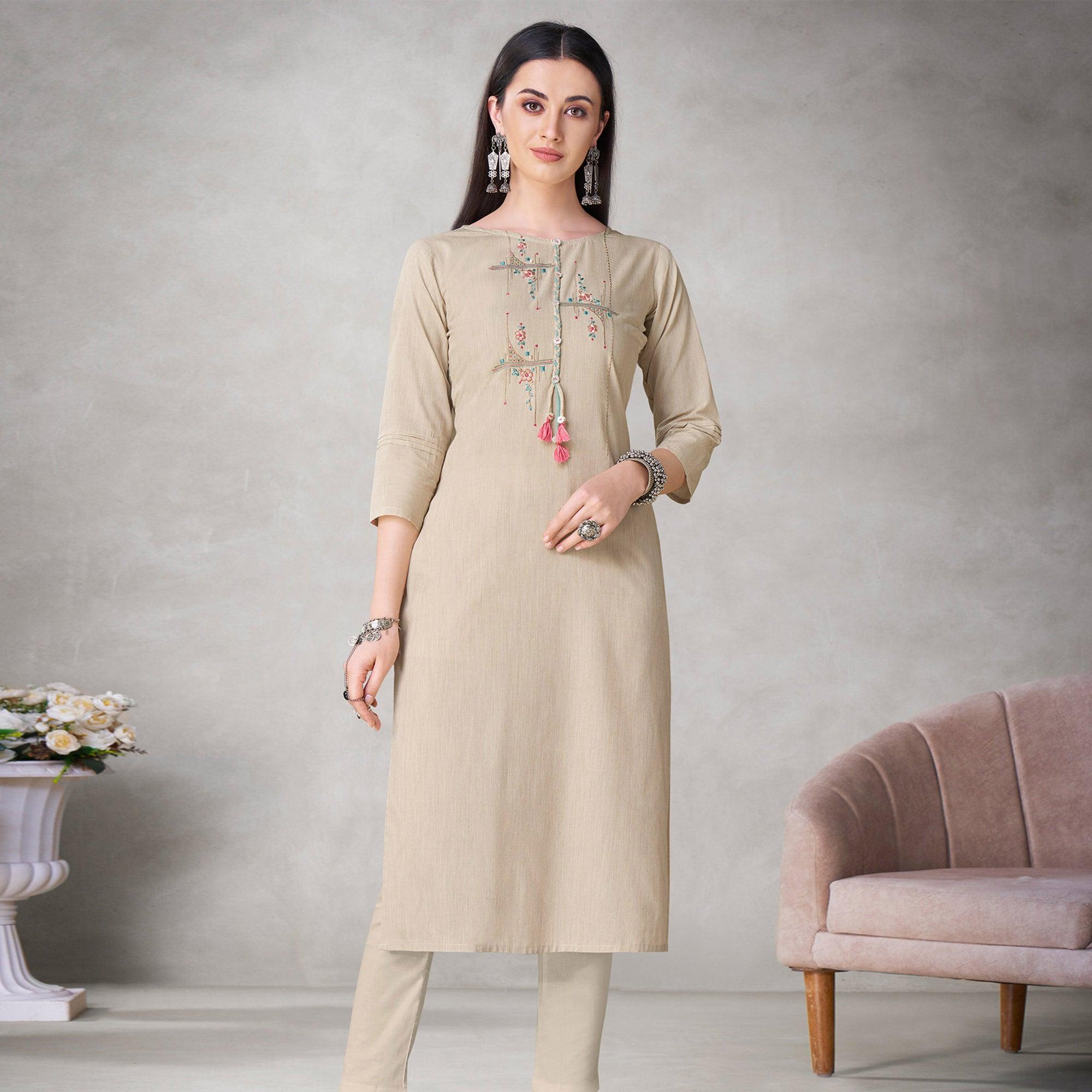 Peachmode Seller Groovy Beige Colored Partywear Embroidered Viscose Kurti