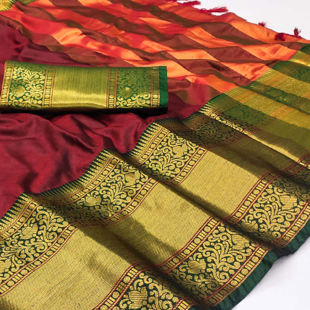 Peachmode Maroon Woven Cotton Silk Saree With Tassels - view 2