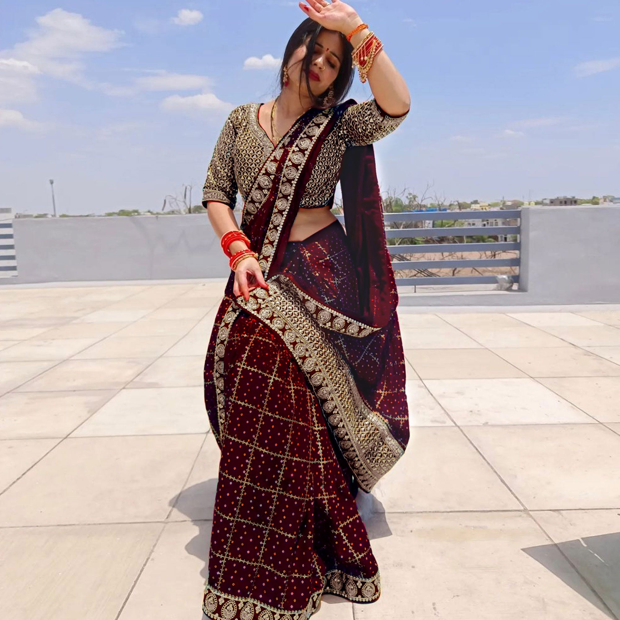 Peachmode Maroon Printed With Embroidered Border Vichitra Silk Saree