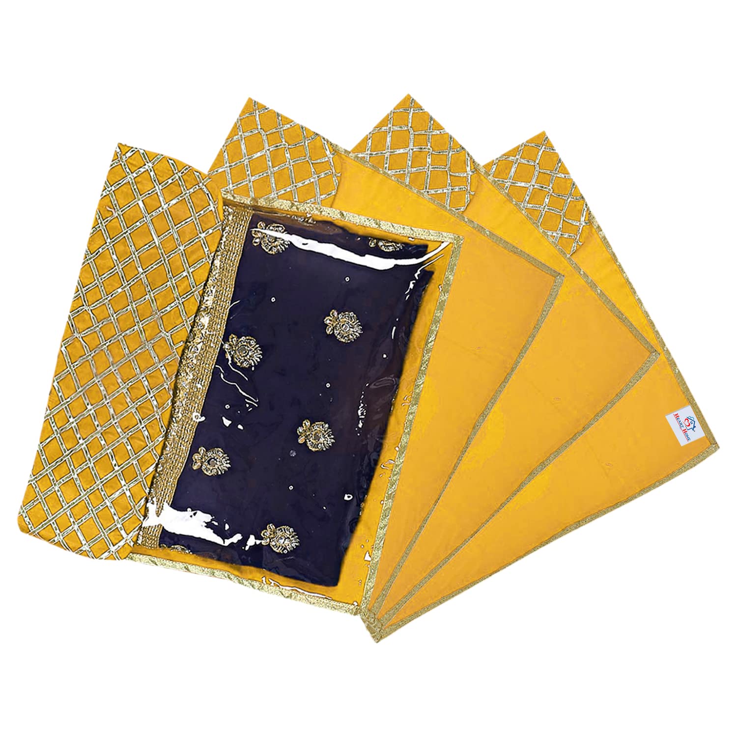 Heart Home Seamless lattice Design Satin Foldable, Lightweigth Single Saree Cover/Organiser For Wardrobe With Transparent Top- Pack of 4 (Yellow)-50HH