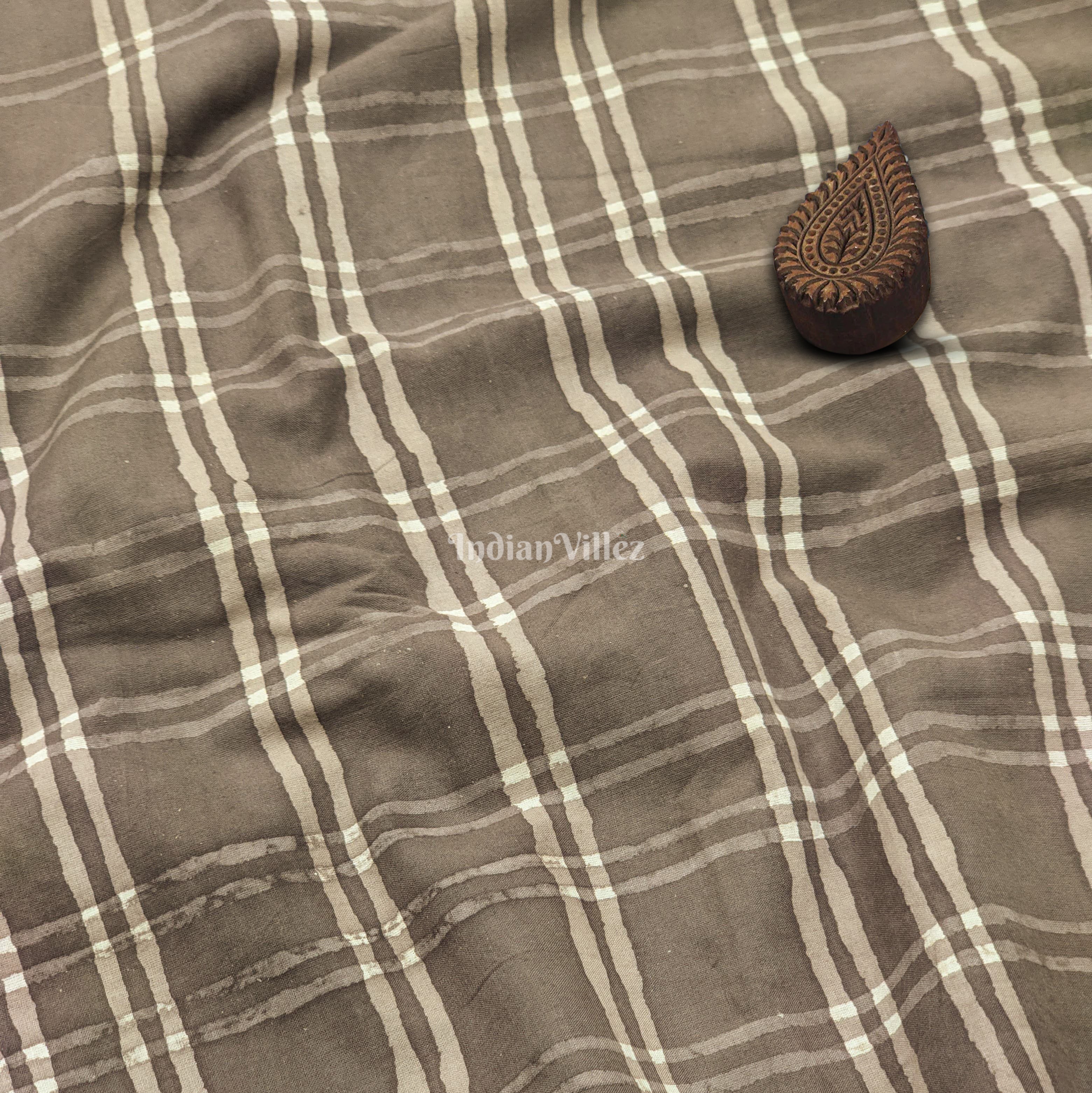 IndianVillèz Gray Checked Hand Block Printed Cotton Fabric