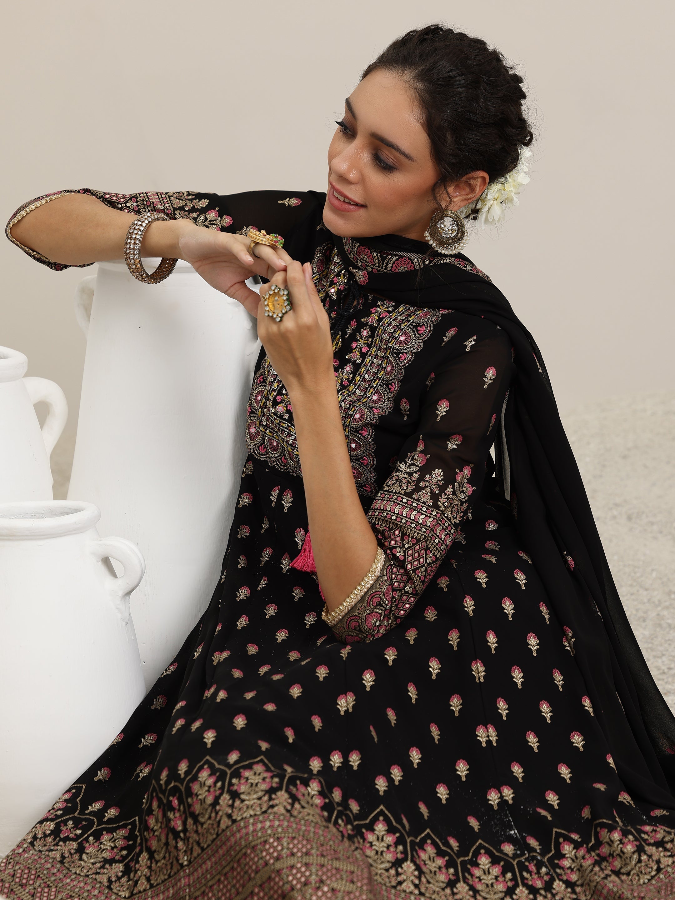 Libas Black Printed Georgette Anarkali Suit With Dupatta - view 2