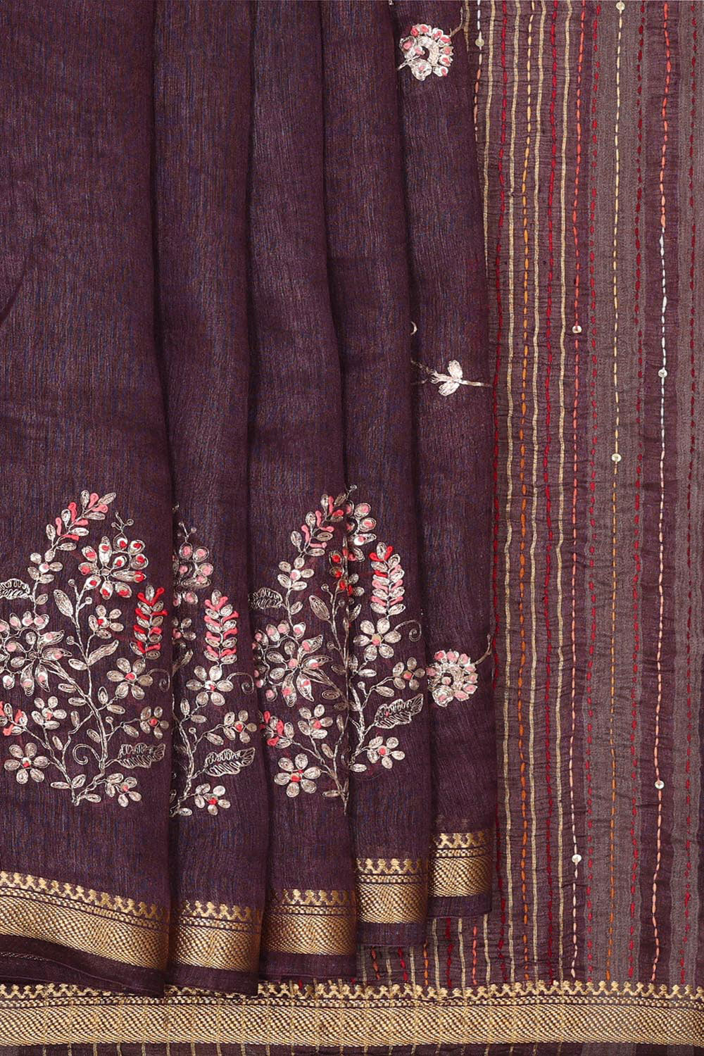 Kalanjali Embroidered Tussar Silk Violet Saree