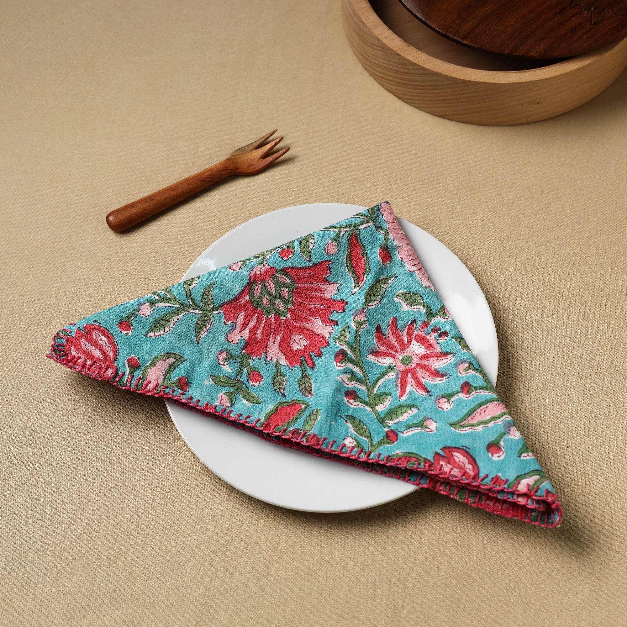 NOORI BAZAR Blue - Floral Block Print Hand Embroidery Table Napkin 07