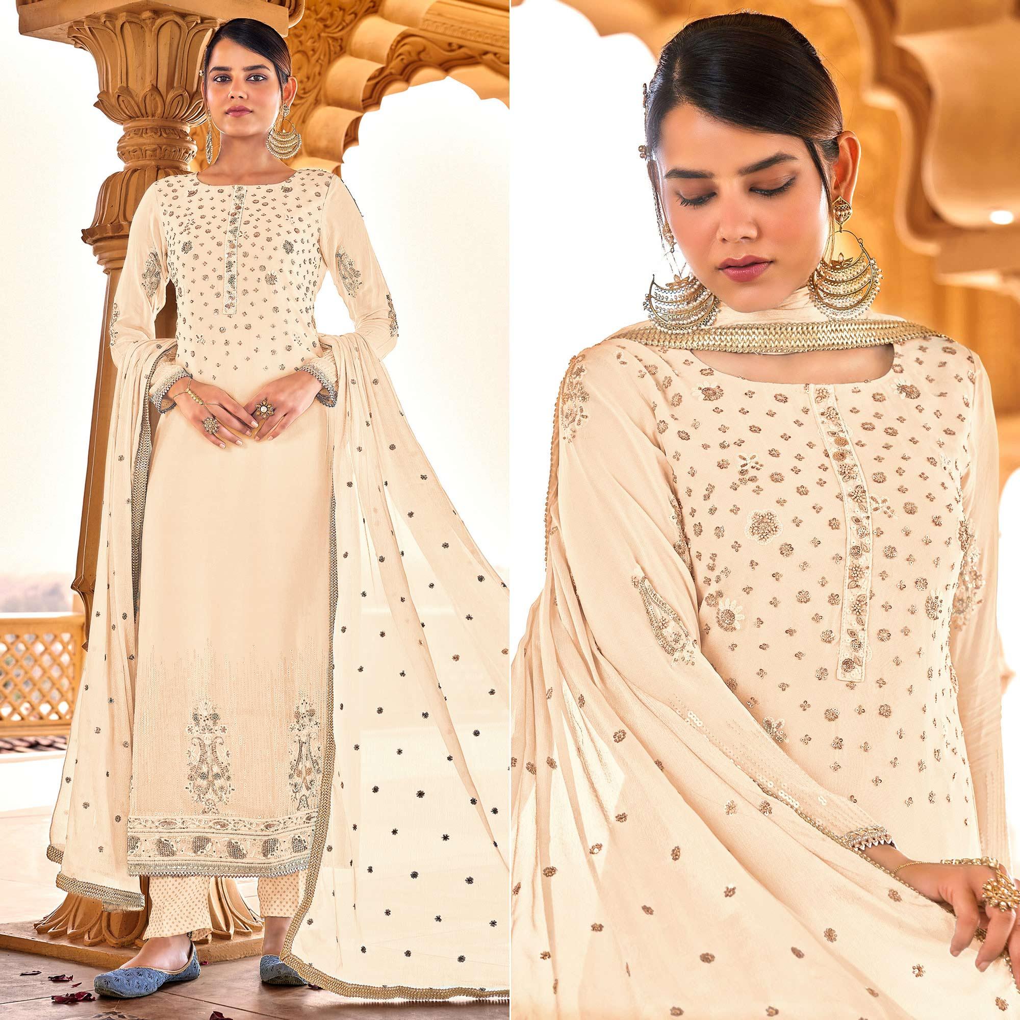 Peachmode Light Yellow Sequins Embroidered Georgette Suit