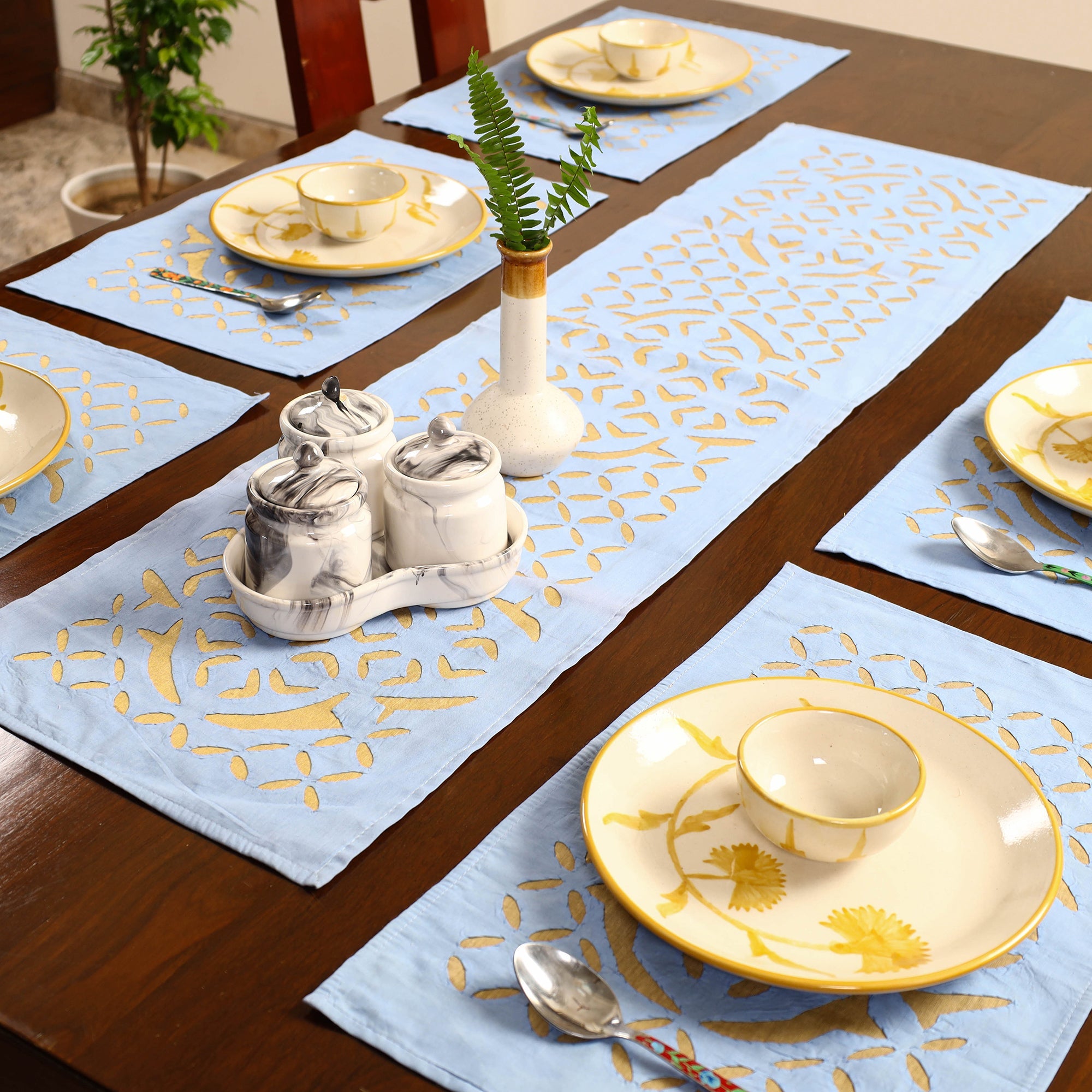 SHADES OF MARUDHARA Blue - Applique Cut Work Table Runner with Table Mat Set 14 - view 2