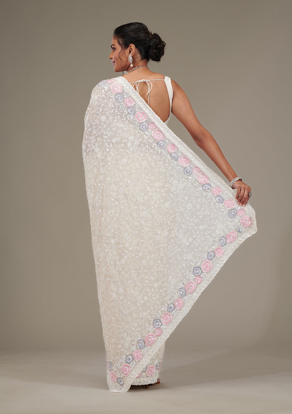 Koskii Cream Zariwork Georgette Saree – Women's - view 2