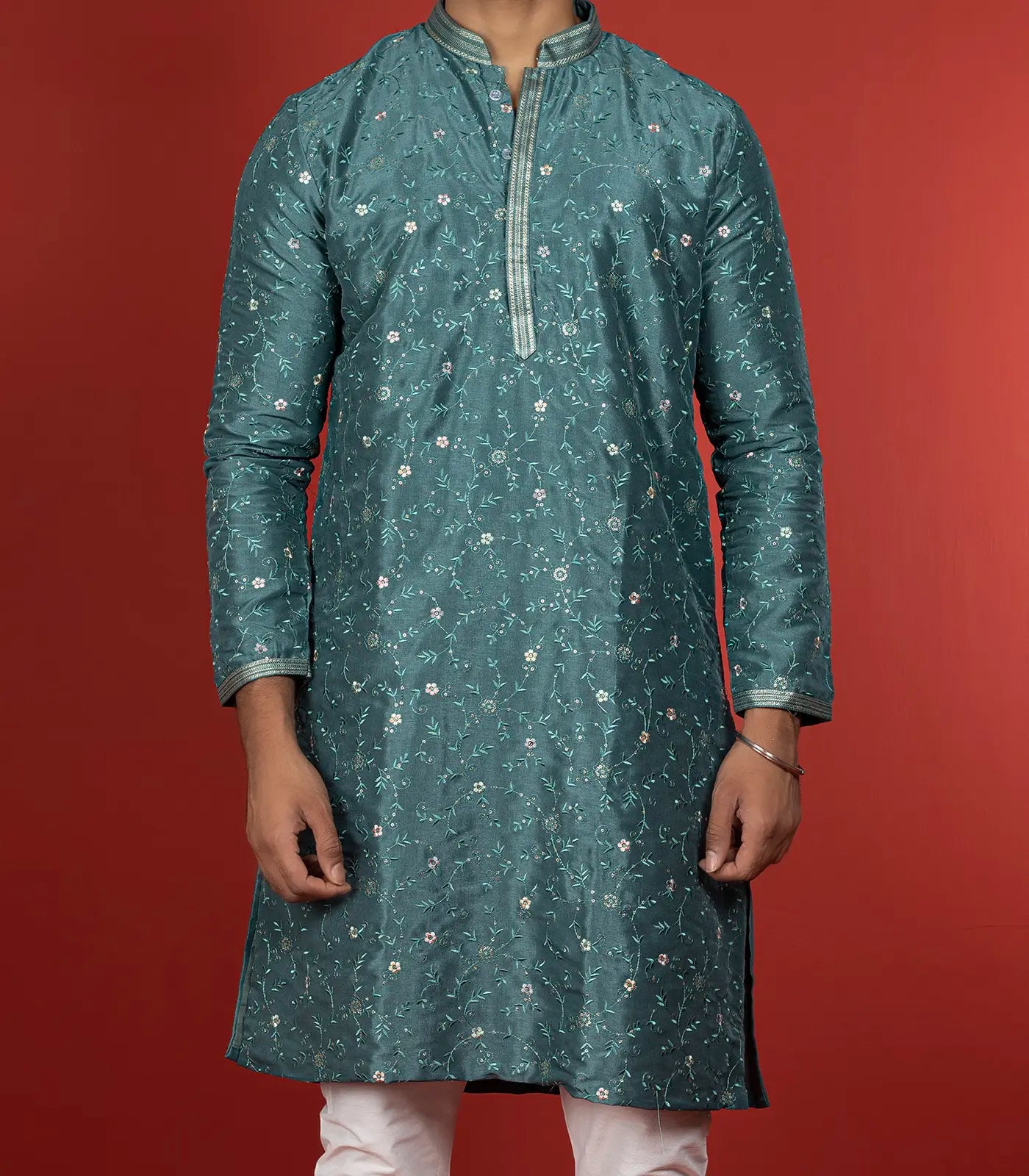 RmKV Stone Blue Kurta With White Straight Fit Pants-Blue - view 3