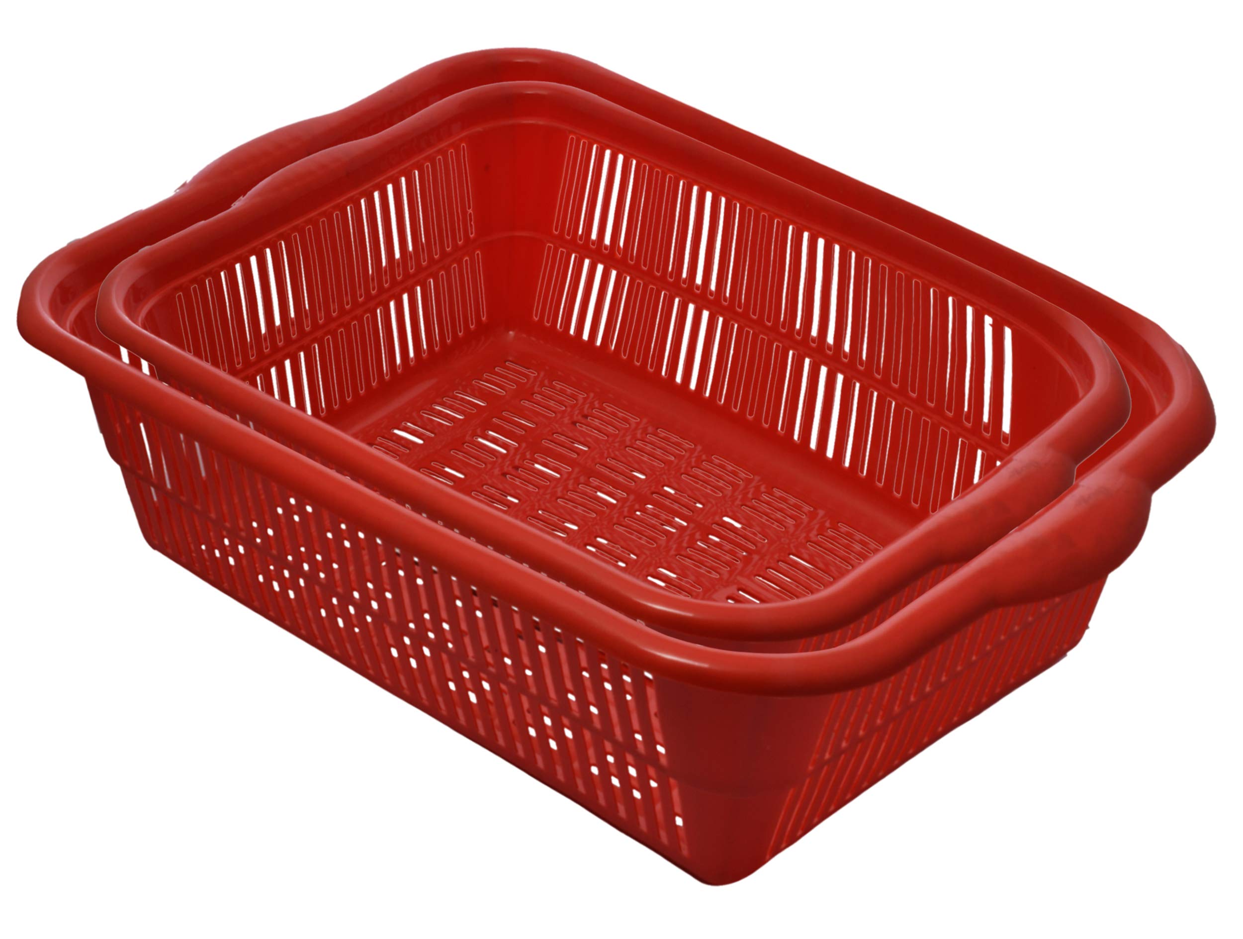 Kuber Industries Plastic 2 Pieces Kitchen Small & Medium Size Vegetables and Fruits Washing Basket Dish Rack Multipurpose Organizers (Red)-KUBERMART81