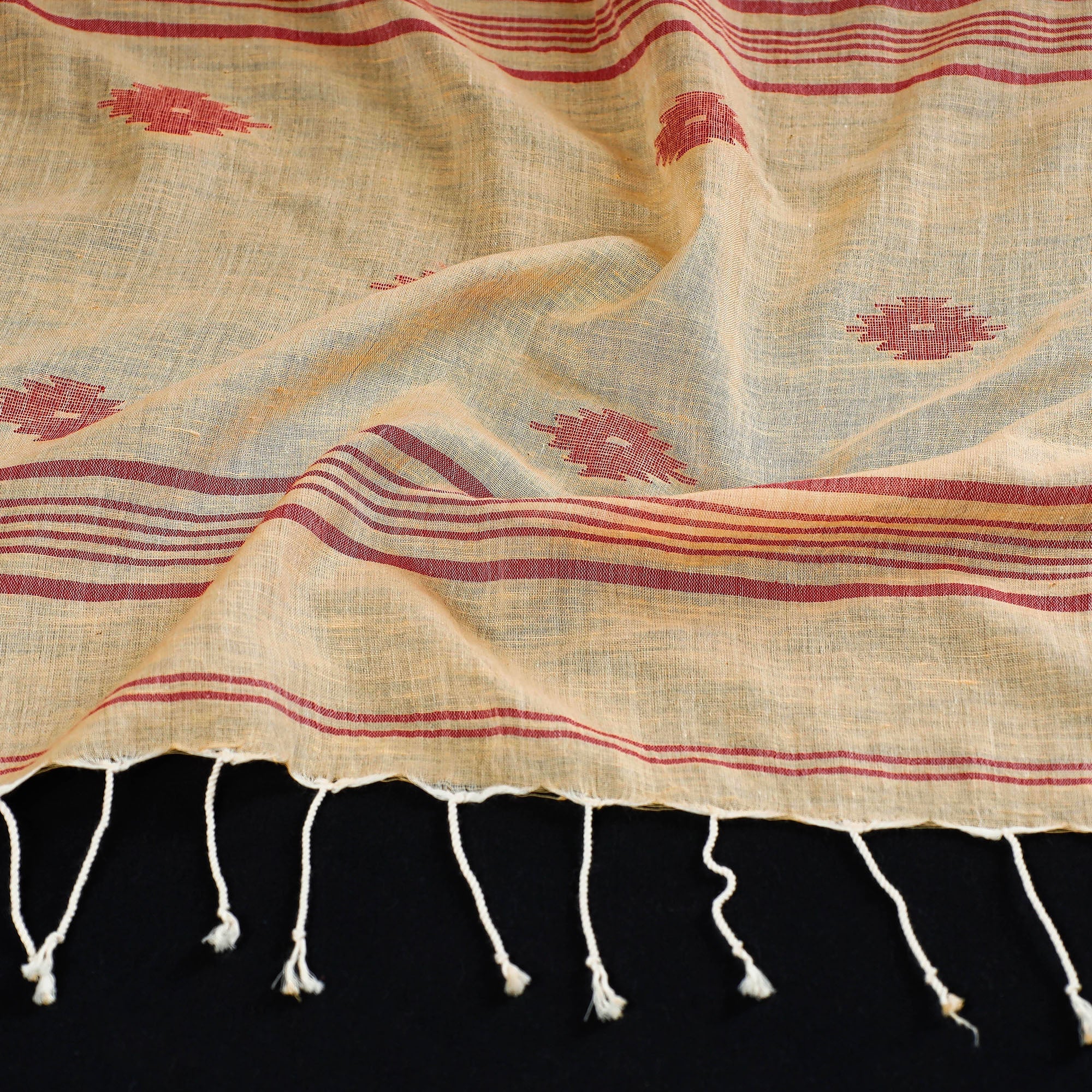 KHUSHBASH - HAPPY LOOM OF EAST Beige - Burdwan Jamdani Buti Handloom Cotton Stole with Tassels - view 2